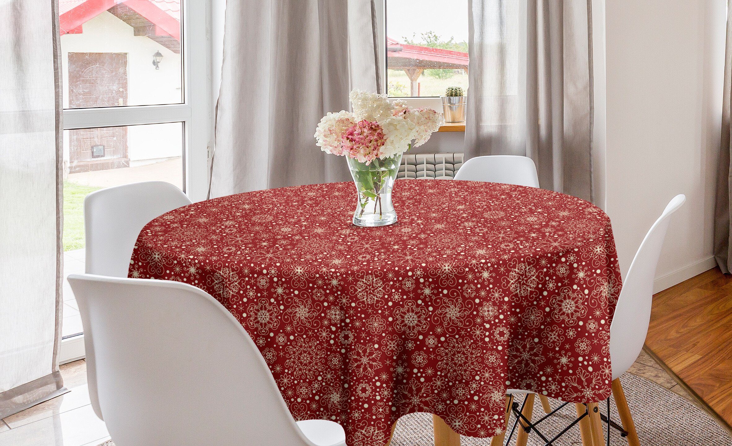 Abakuhaus Tischdecke Kreis Tischdecke Abdeckung für Esszimmer Küche Dekoration, rot Filigree Stil Schneeflocken