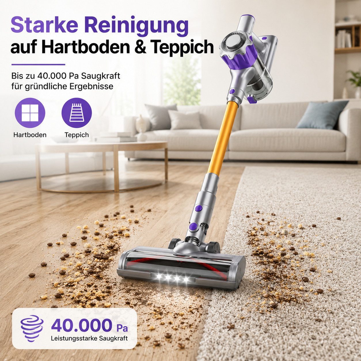 Goldstern-Tech Akku-Hand-und Stielstaubsauger, 450 W, beutellos, bis zu 50 Min Laufzeit, LED-Display, HEPA-Filter