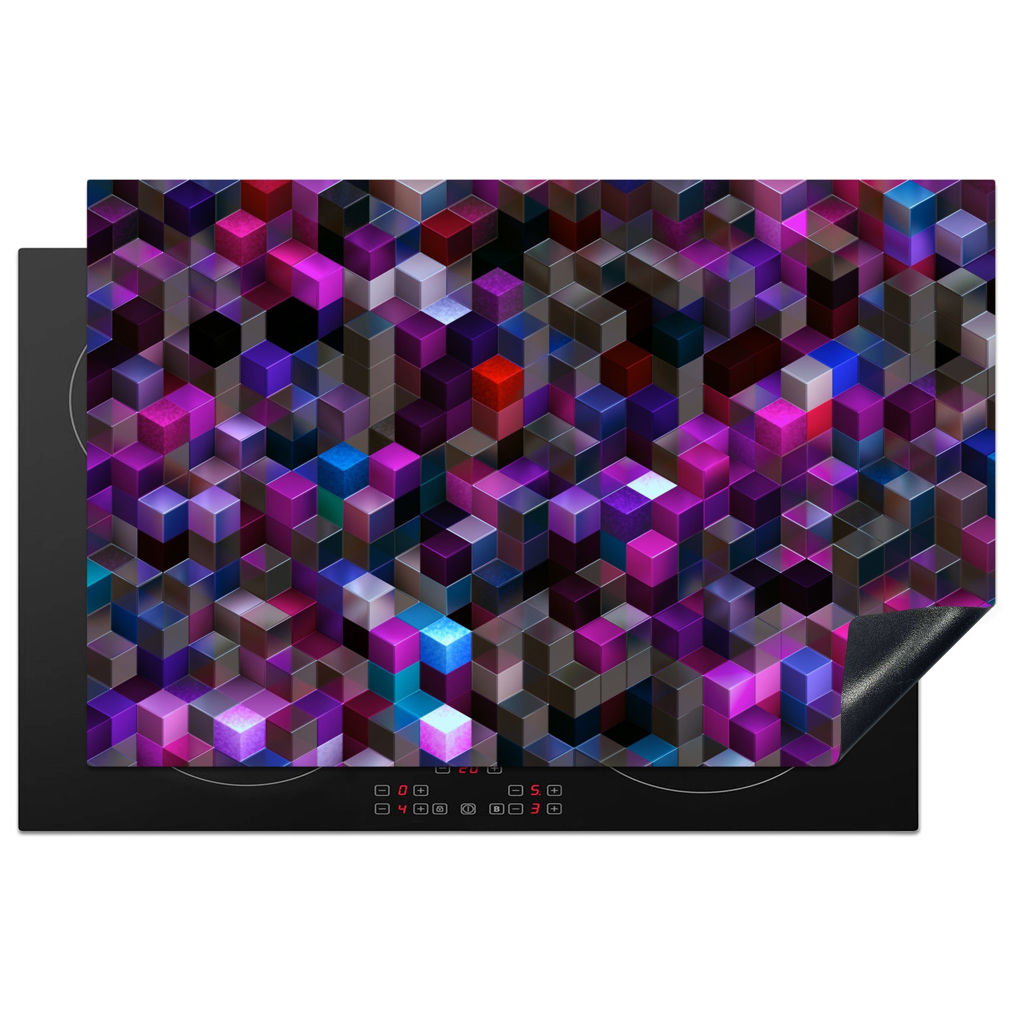MuchoWow Herdblende-/Abdeckplatte Violette Geometrie von Würfeln, Vinyl, (1 tlg), 81x52 cm, Induktionskochfeld Schutz für die küche, Ceranfeldabdeckung