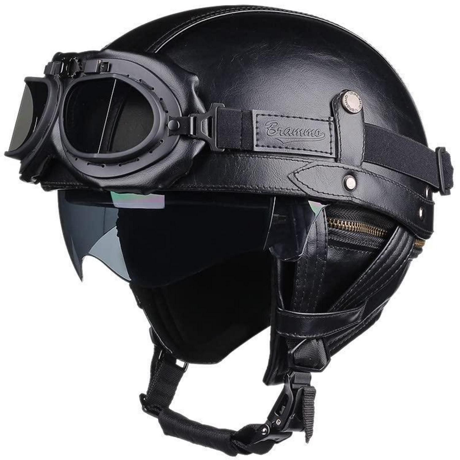 LuxusKollektion Motorradhelm Motorradhelm Retro Lederoptik mit Sonnenschirm ECE XL