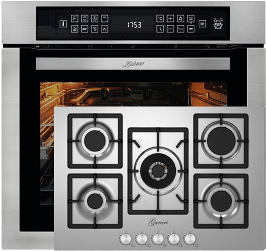 Kaiser Küchengeräte Backofen-Set Herd Set Autark Einbaubackofen,Edelstahl,79L 15 Fkt., 60 cm+Gas-Kochfeld 75 cm, Edelstahl, 4,0 KW WOK, 5 Gasbrenner,Erdgas, FL.Gas EH 6306 R+ GCH FQ 755, mit 1-fach-Teleskopauszug