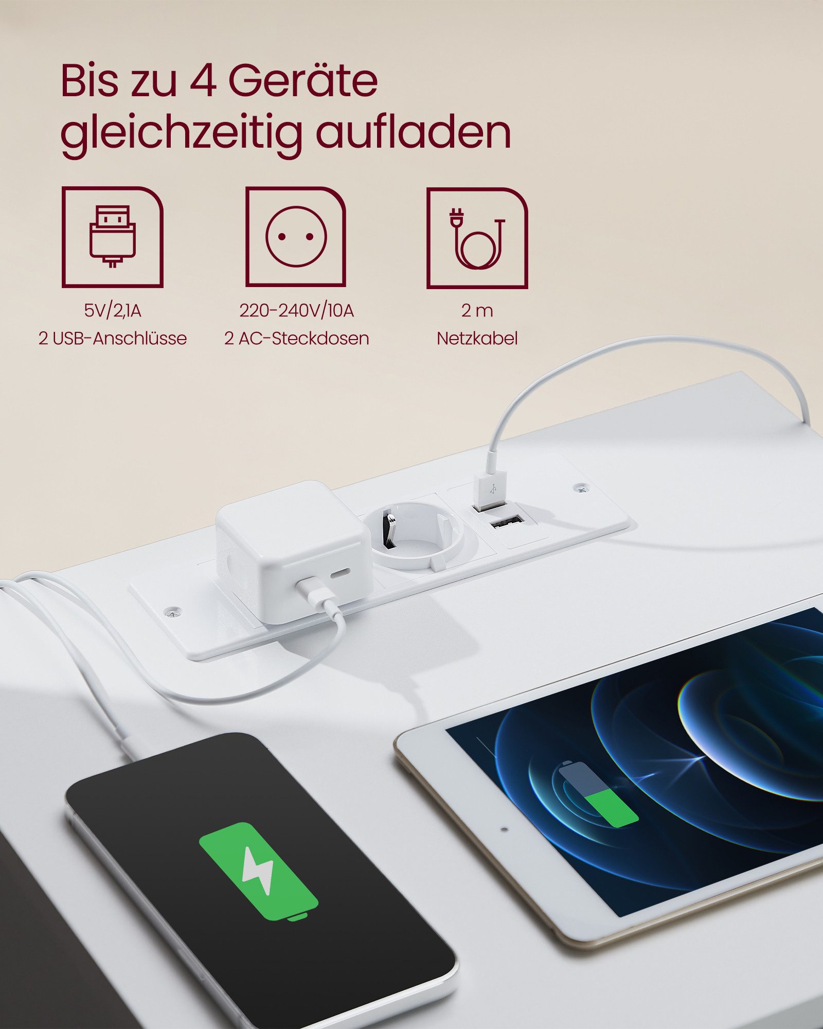 VASAGLE Nachttisch (1-St), 3 Schubladen, abgeschrägte Kante, 2 AC-Steckdosen, 2 USB-Anschlüsse