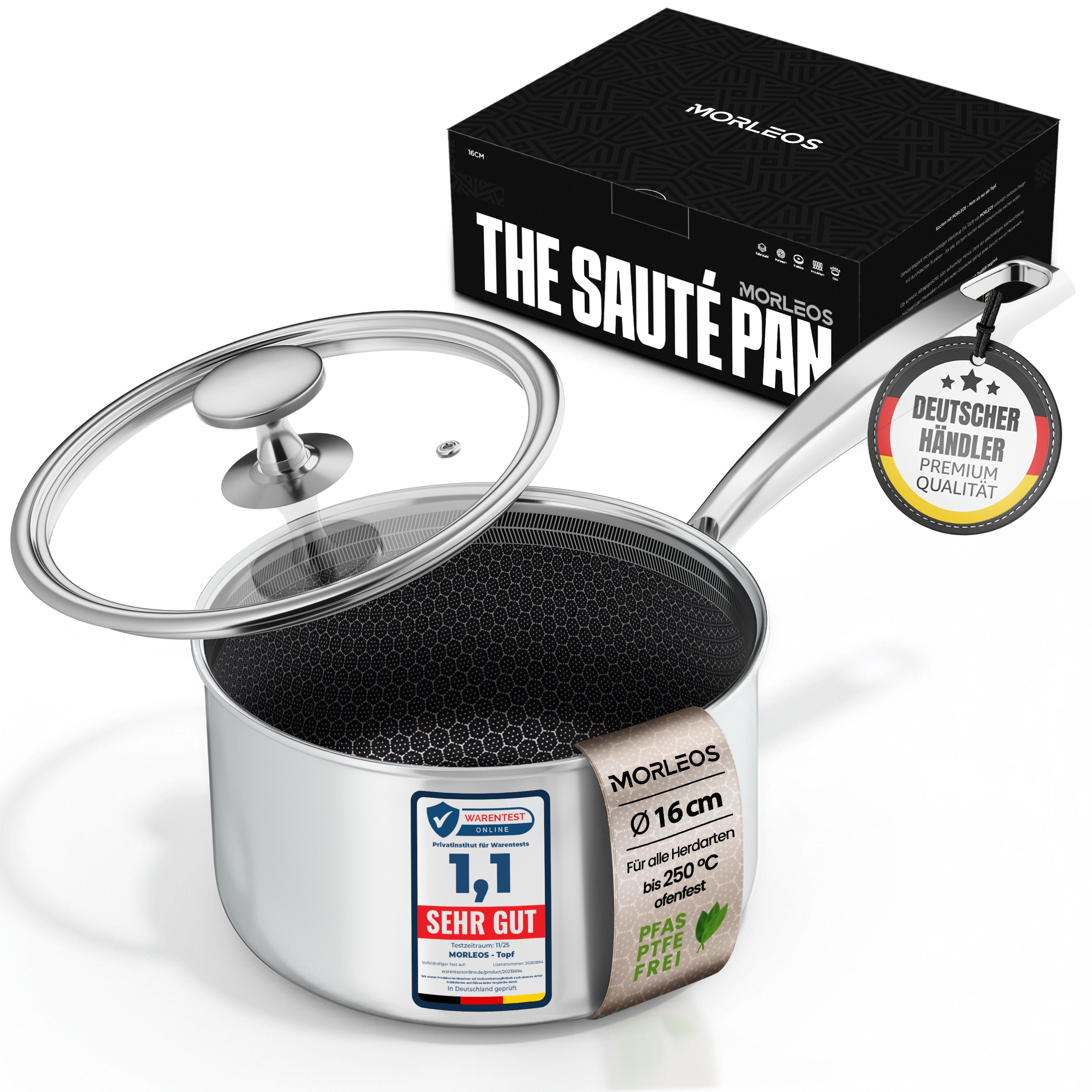 Morleos Kochtopf Ø 16 cm 1,7 Liter Waben-Keramik Stielkasserolle mit Glasdeckel, Keramikbeschichtung mit Wabenstruktur aus Edelstahl (moderner flacher Glasdeckel mit Dampfloch, Pro Performance 3.0), kratzfeste Antihaft Keramikbeschichtung