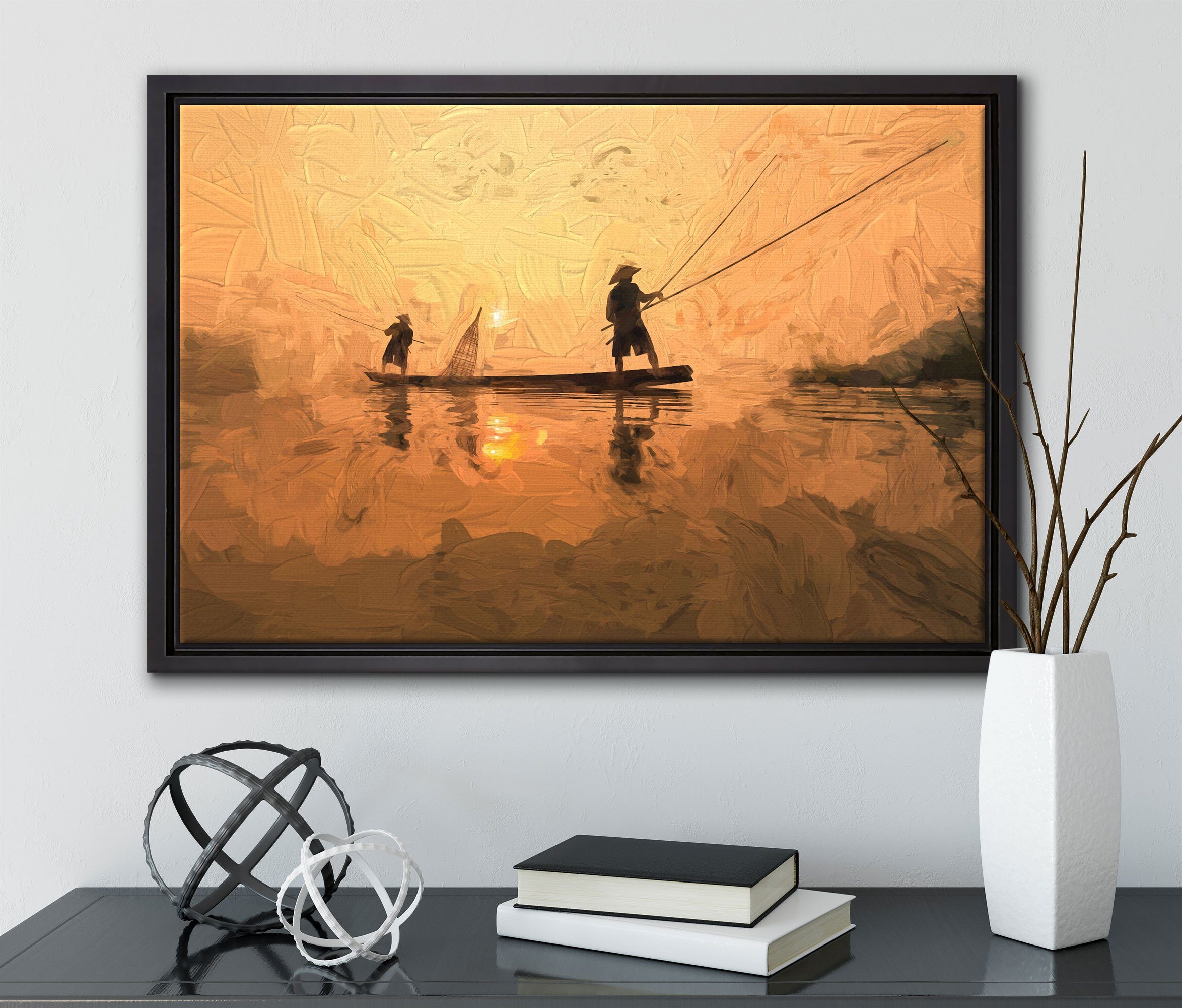 Angeln Leinwandbild einem Schattenfugen-Bilderrahmen gefasst, Zackenaufhänger in Wanddekoration Fischer inkl. beim Pixxprint Thailand, in bespannt, (1 fertig Leinwandbild St),