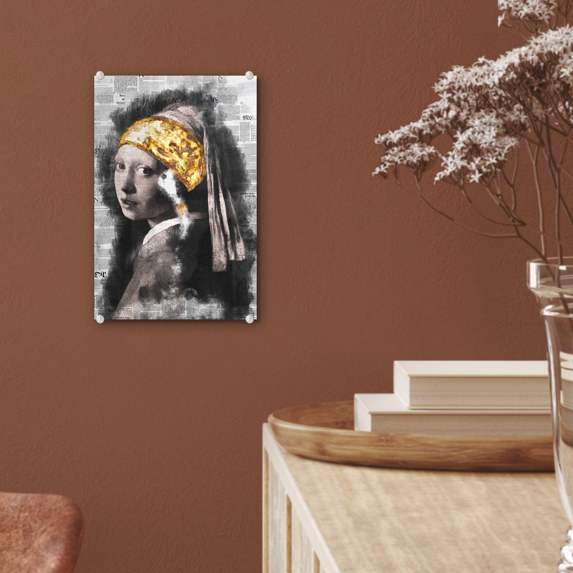 MuchoWow Acrylglasbild Mädchen mit Bilder Foto Gold, Wandbild Glas - - bunt - auf Zeitungsartikel Vermeer Glas - Johannes Glasbilder St), Perlenohrring - Wanddekoration - auf (1