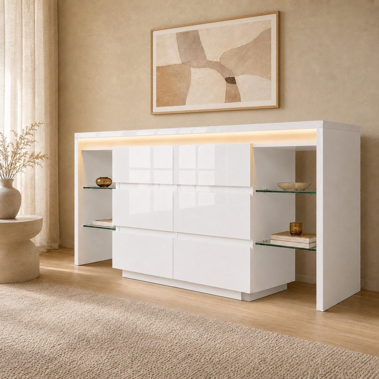 Fine Life Pro Sideboard Kommode 1er Set LED App 6 Schubladen, 155x40x80cm Weiß Wohnzimmer