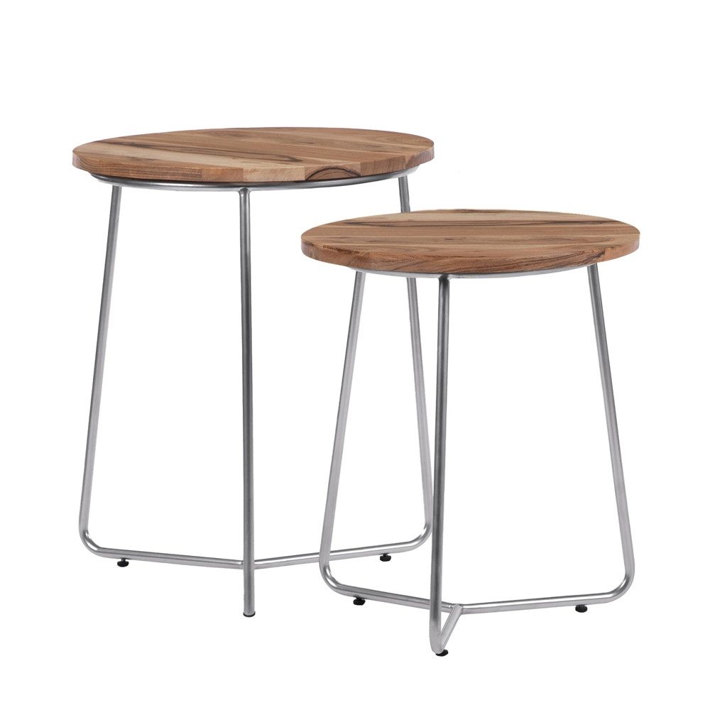 WOMO-DESIGN Couchtisch 2er Set Beistelltisch Wohnzimmertisch Sofatisch Kaffeetisch Massivholz (2-St), Ø43x52cm/Ø38x45cm Natur-Silber Holz/Metall Industrial Design Unikat