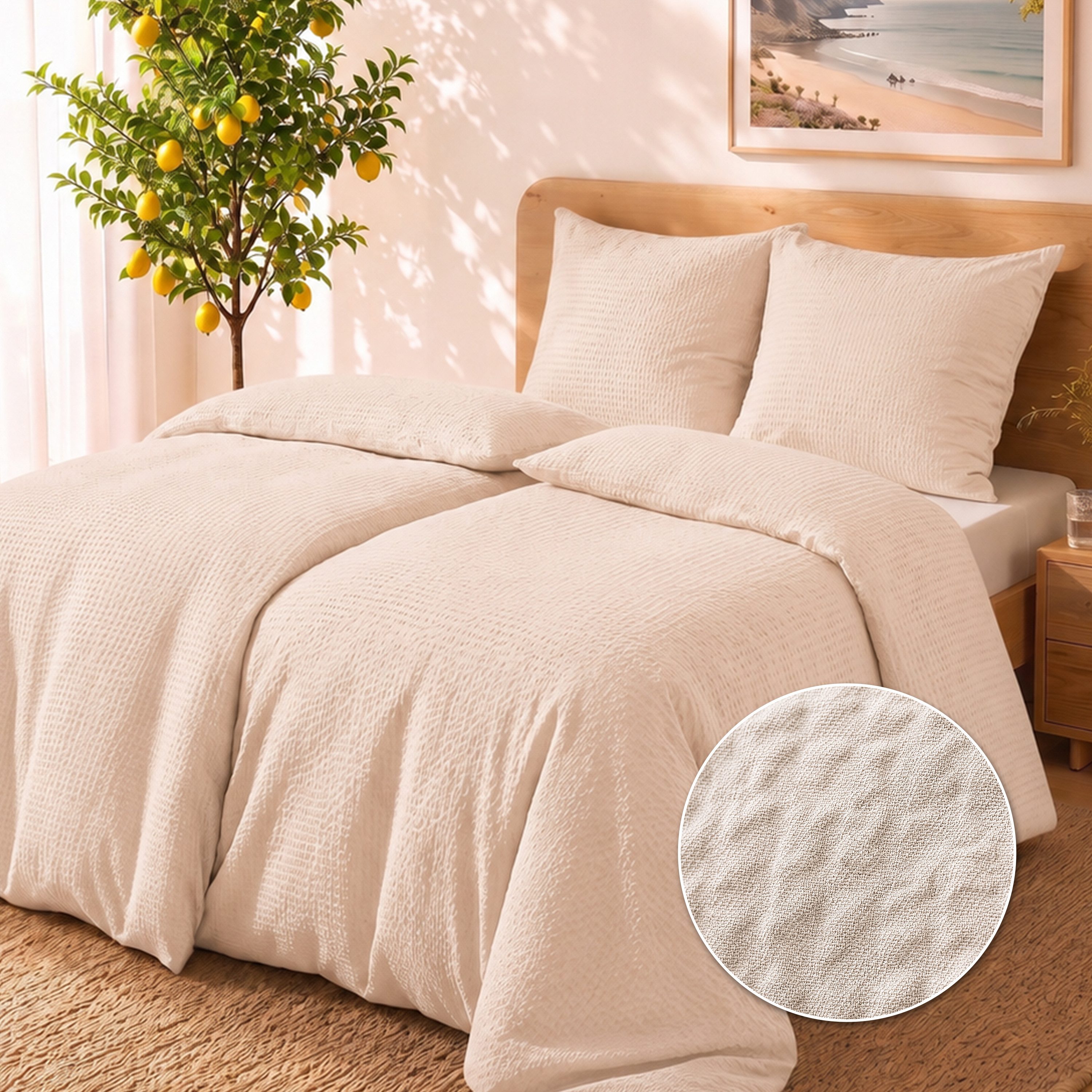 Malika Bettwäsche aus 100 % Mikrofaser, 1x 200x220 + 2x 80x80 cm, Seersucker, Beige, Seersucker, 3 teilig, Für Allergiker geeignet, pflegeleicht, angenehm weicher Stoff