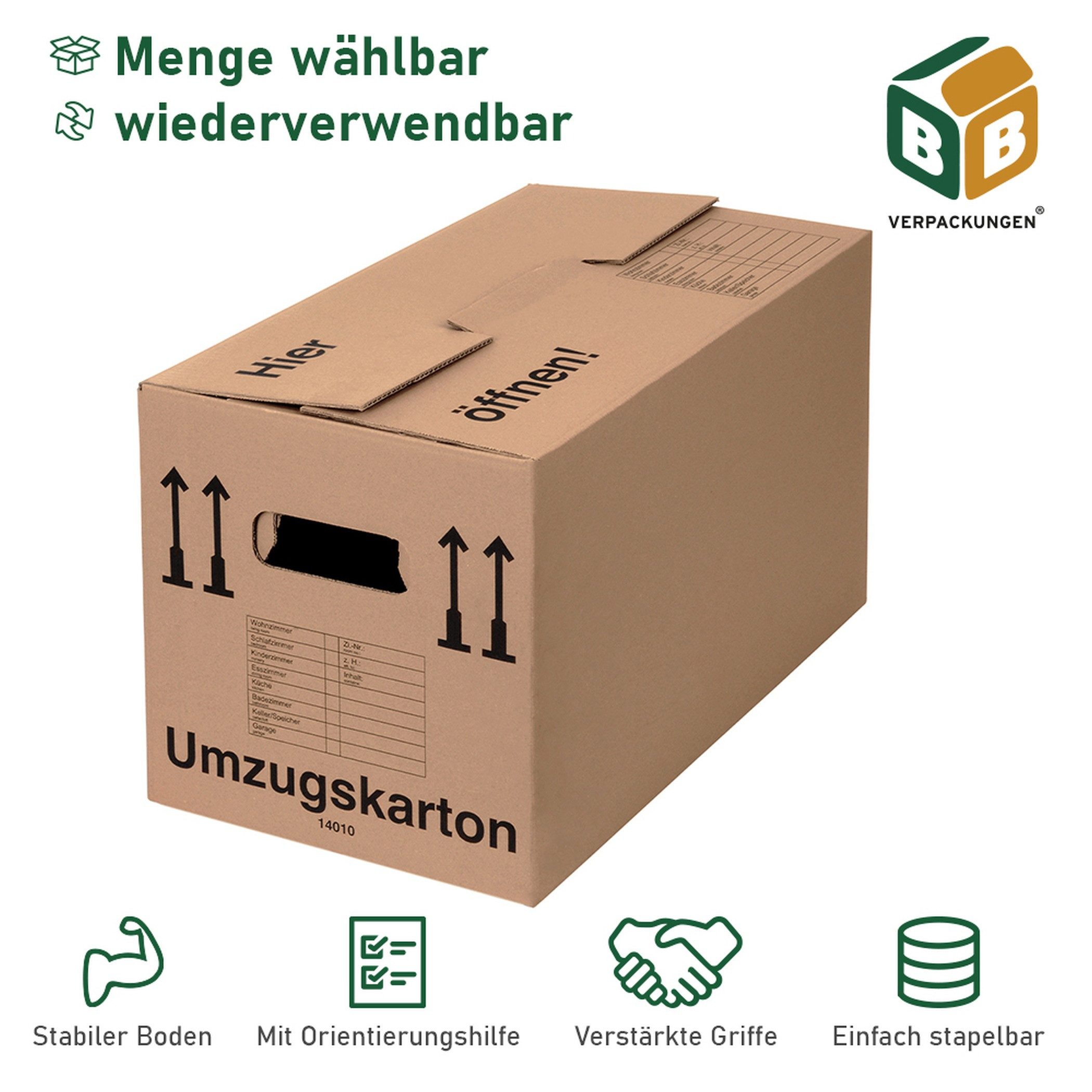 BB-Verpackungen Umzugskarton Spedition XXL, 2-wellig, 40kg Traglast, 650 mm x 350 mm x 370 mm