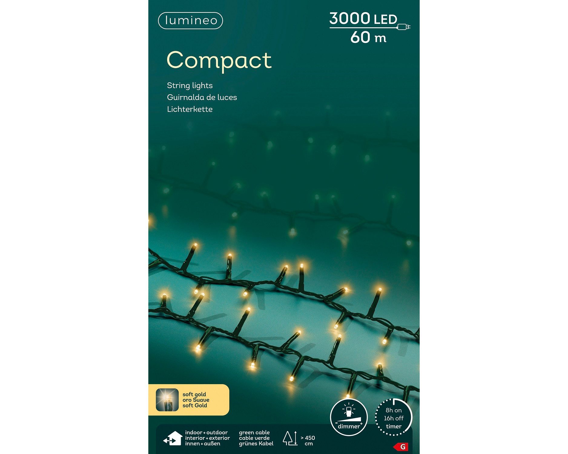 Lumineo LED-Lichterkette Lumineo Lichterkette COMPACT 3000 LED 60 m, Soft Gold, grünes Kabel, Indoor/Outdoor, dimmbar, 8h-Timer, 5 m Zuleitung