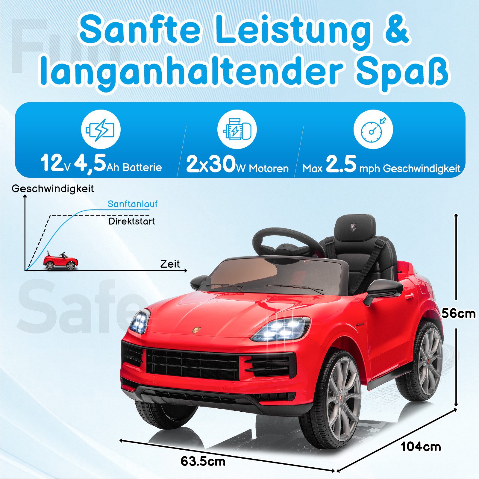 LALAHO Elektro-Kinderauto Kinder Elektroauto Porsche Cayenne Geländewagen Fernsteuerung, 2,4G-Fernbedienung, mit MP3, Musik, Hupe, LED-Leuchten