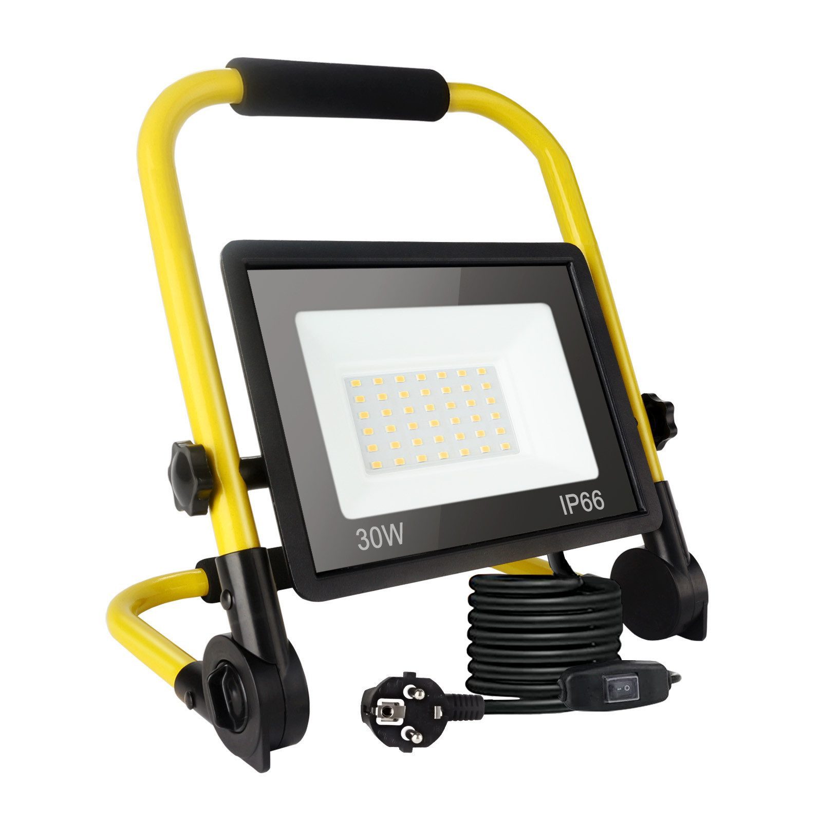 Ophy LED Baustrahler LED Baustellenleuchte tragbar – Alu-Gehäuse, Baustrahler, 30W, 3.240 lm, IP66 wasserdicht, mit 3,5 m Kabel – für Werkstatt, Garage & Baustelle