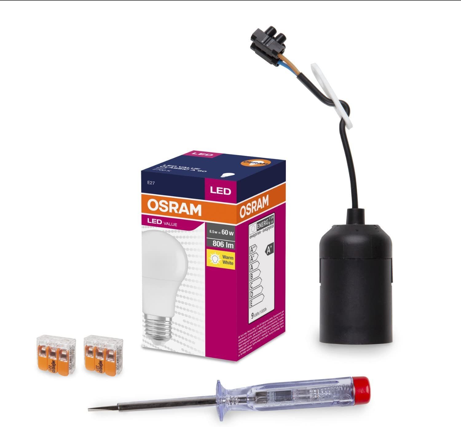 Ledvance Renovierungsset Renovierungsset Renovierungsleuchte Bauleuchte schnellInstallations, (Set, 5-tlg., Glühlampe von Osram, Stromprüfer Schraubenzieher, 2x WAGO Klemmen), enthält Osram E27 Leuchte