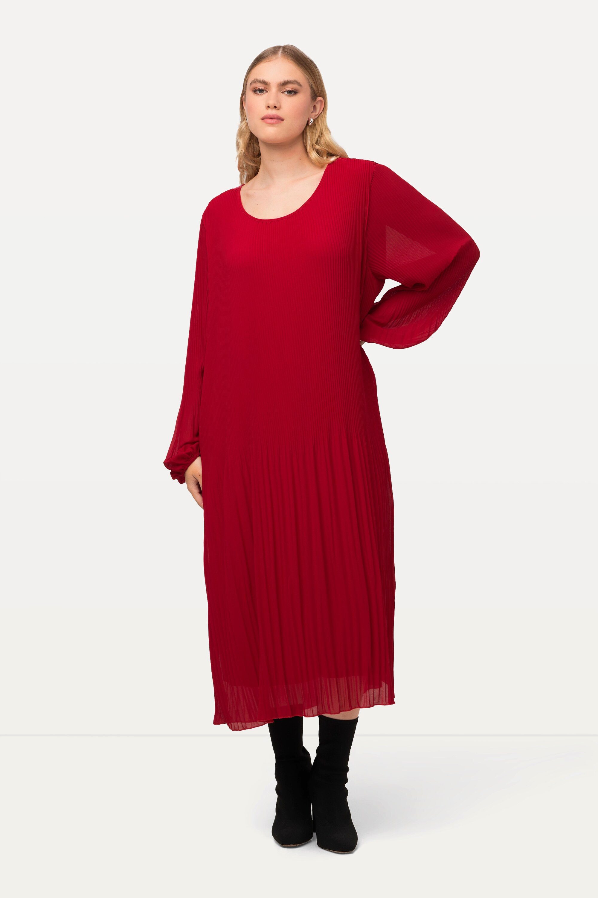Ulla Popken Midikleid Plissee-Midikleid A-Linie Rundhals günstig online kaufen