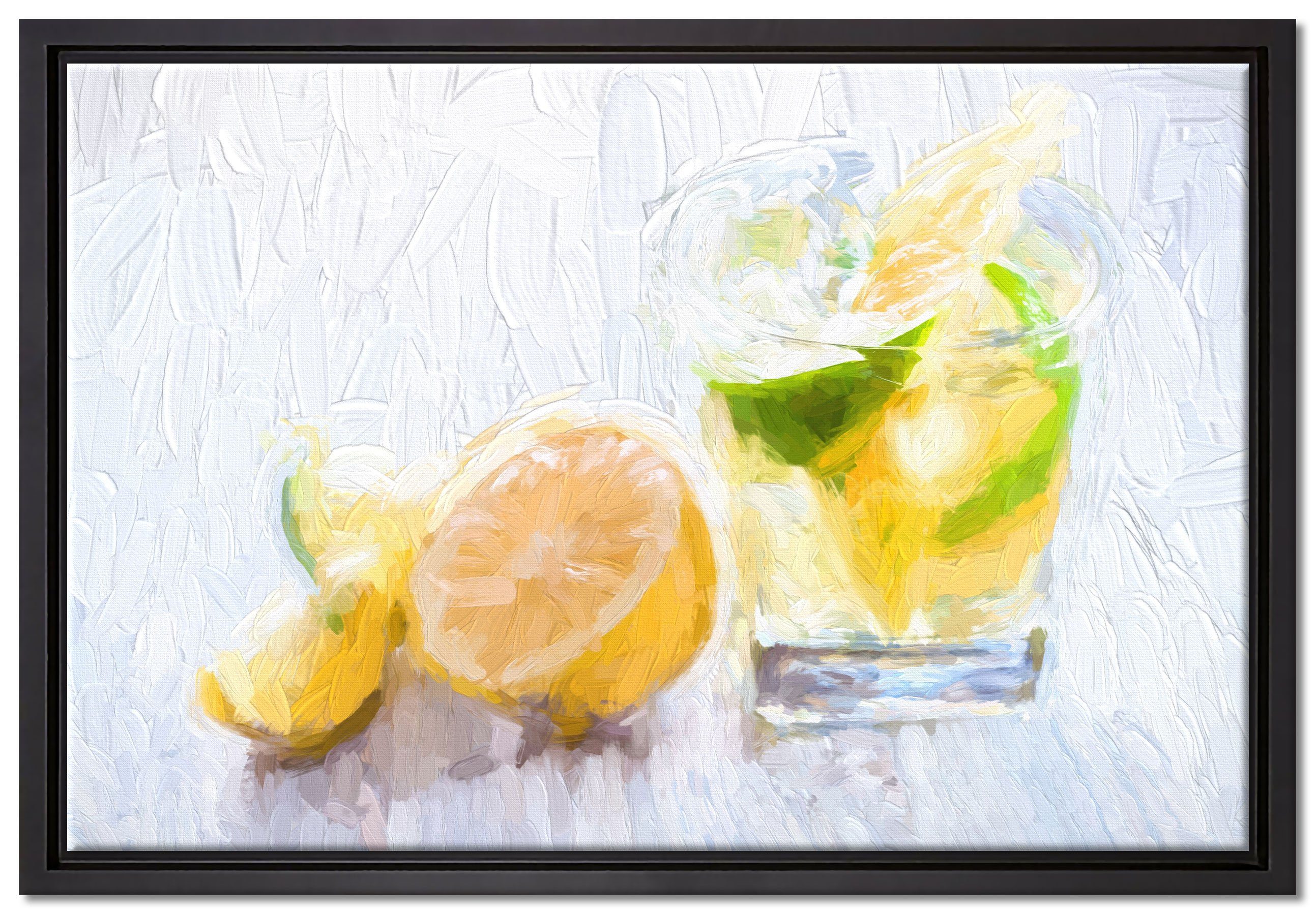 Pixxprint Leinwandbild Gin Tonic Shot mit Zitronen, Wanddekoration (1 St), Leinwandbild fertig bespannt, in einem Schattenfugen-Bilderrahmen gefasst, inkl. Zackenaufhänger