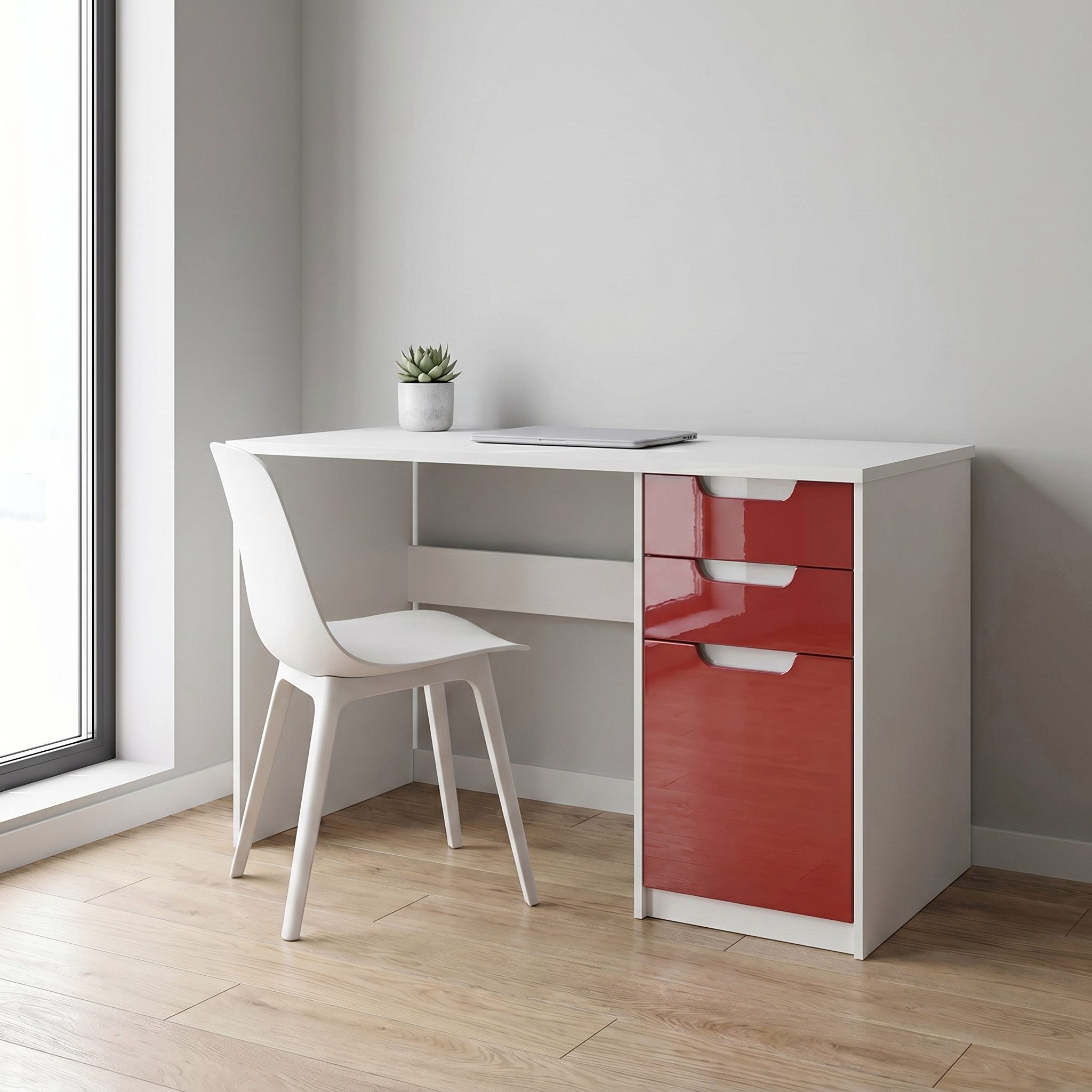 Vladon Schreibtisch Logan (Bürotisch, mit 2 Schubladen und 1 Tür), Weiß matt/Bordeaux Hochglanz (129 x 76 x 60 cm)