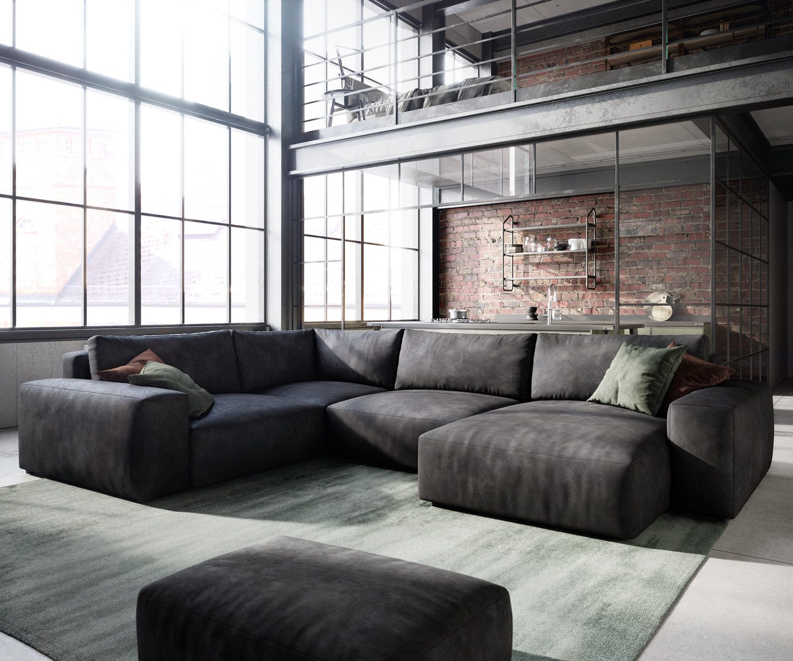 DELIFE Wohnlandschaft Lanzo, Lederimitat Vintage Anthrazit 300x210 cm Recamiere variabel mit Hocker