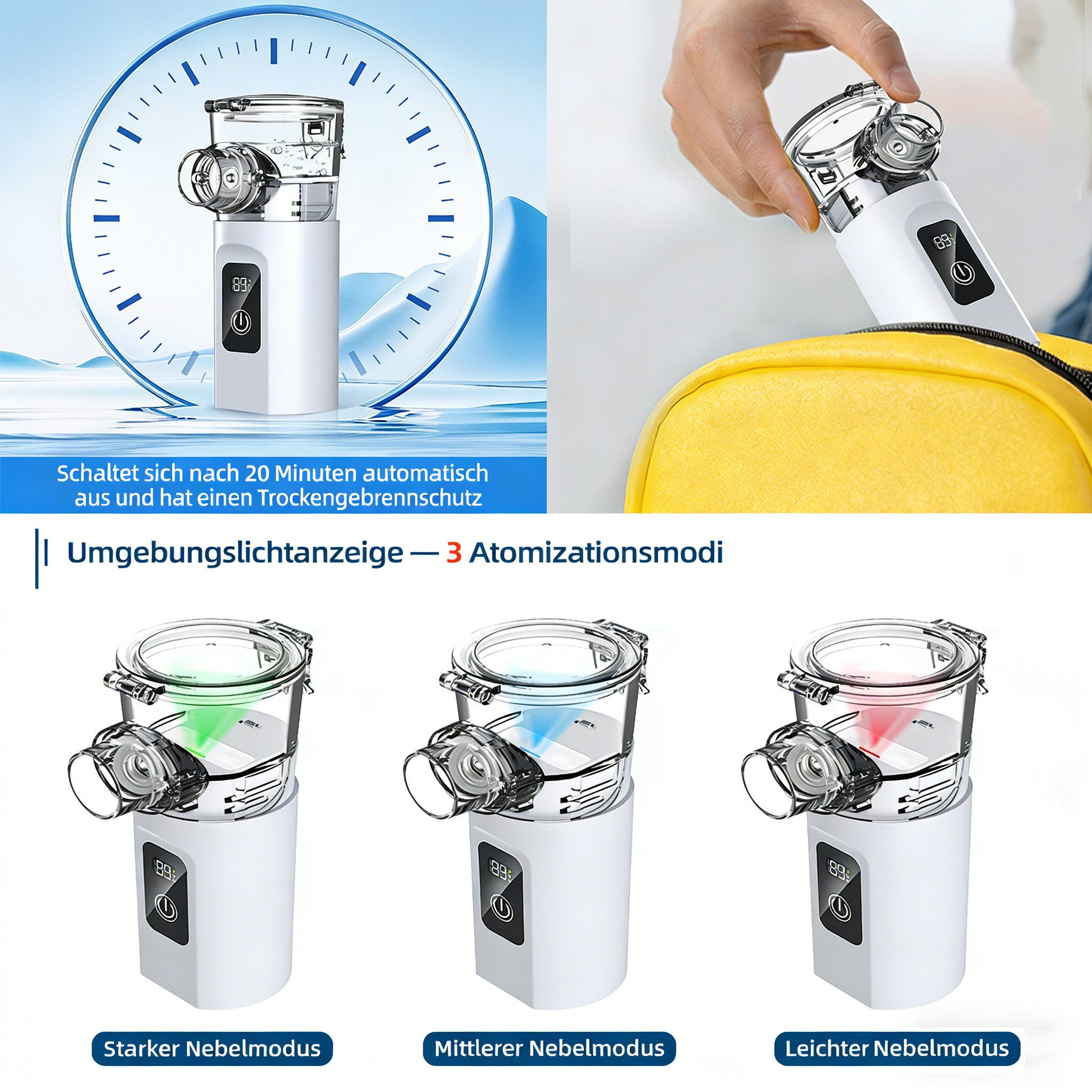 Luckice Inhalator Inhalationsgerät mit 1800mAh Akku, Inhalator für Erwachsene und Kinder, 3 Modi,Einfach zu bedienen & reinigen, Effiziente Zerstäubung für Heim – Bild 2 von 5