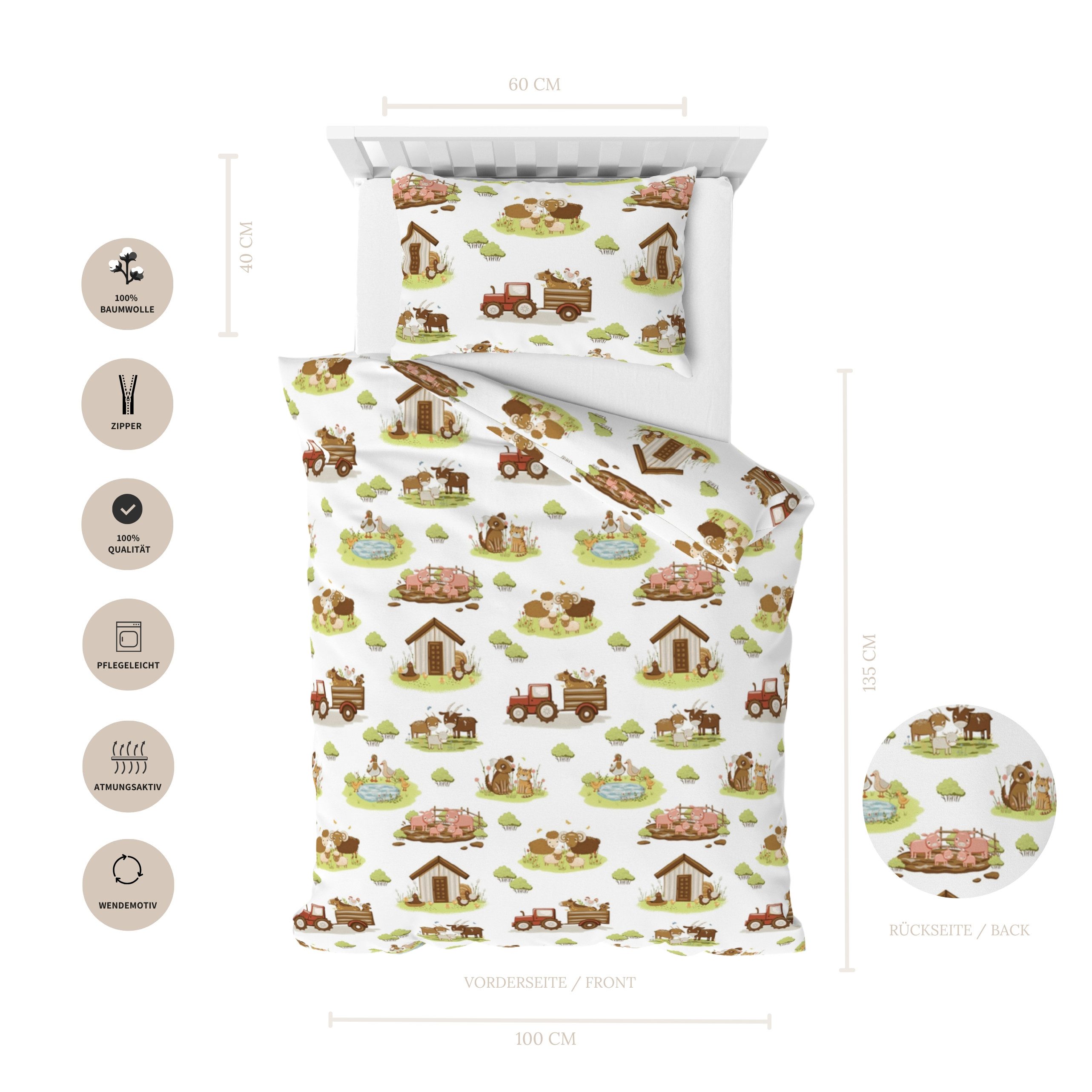 MTOnlinehandel Babybettwäsche Little Farm • 100x135 + 40x60 cm • Bauernhof, 100% Baumwolle, 2 teilig, Renforcé • Geschenkidee • Bauernhoftiere