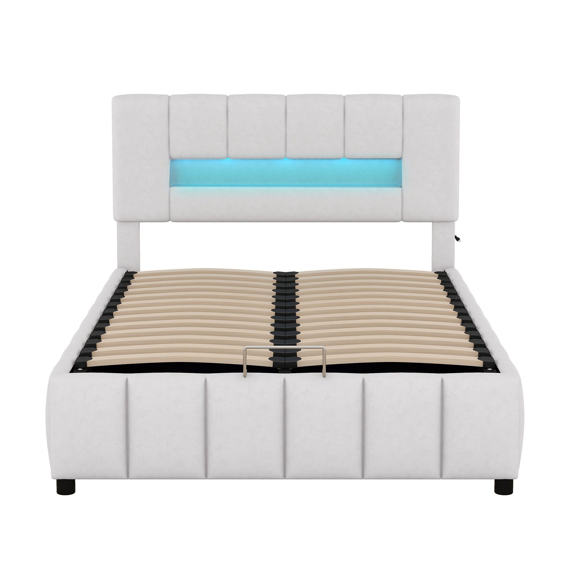 Merax Polsterbett mit LED mit | 140x200 Grau Grau Samtbezug, Doppelbett Lattenrost, Stauraumbett cm und