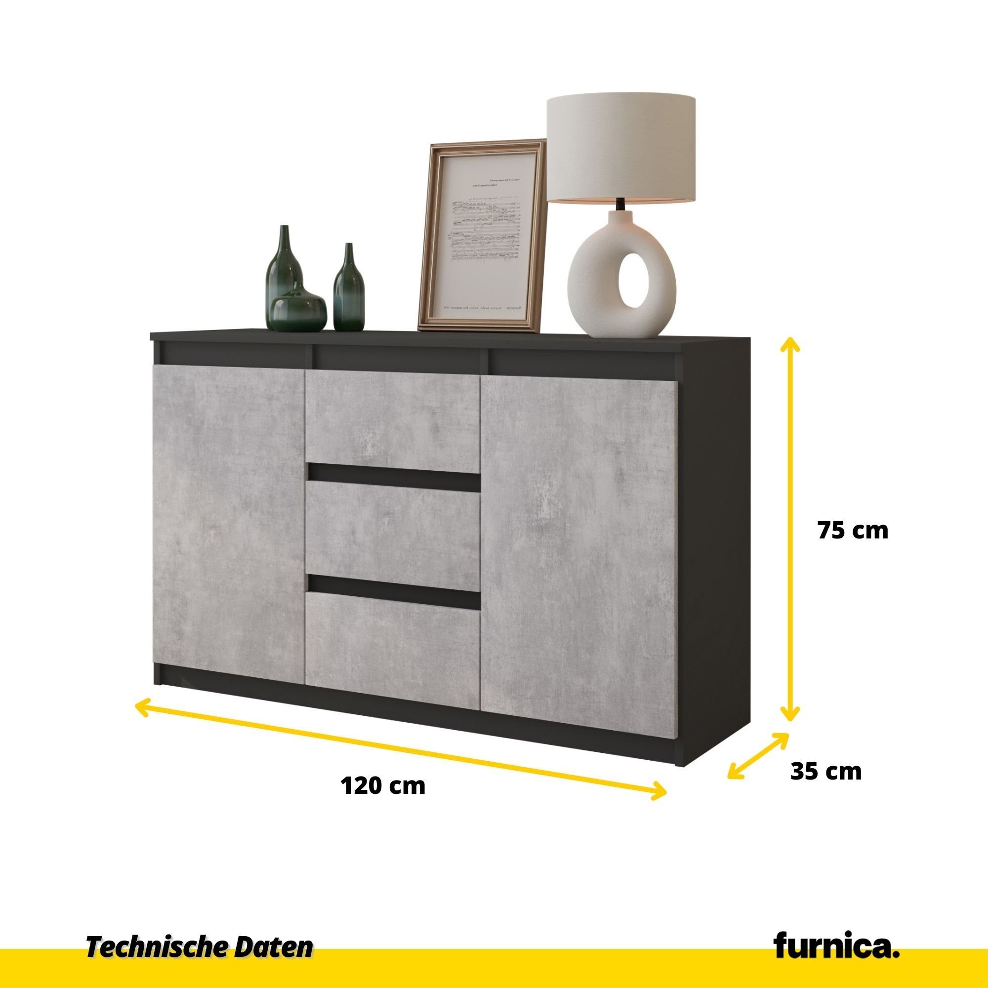 Türen 2 H75cm Furnica St) Anthrazit Anthrazit Schubladen T35cm Grau/Beton-Optik B120cm MIKEL, und Kommode 3 - (1 Grau