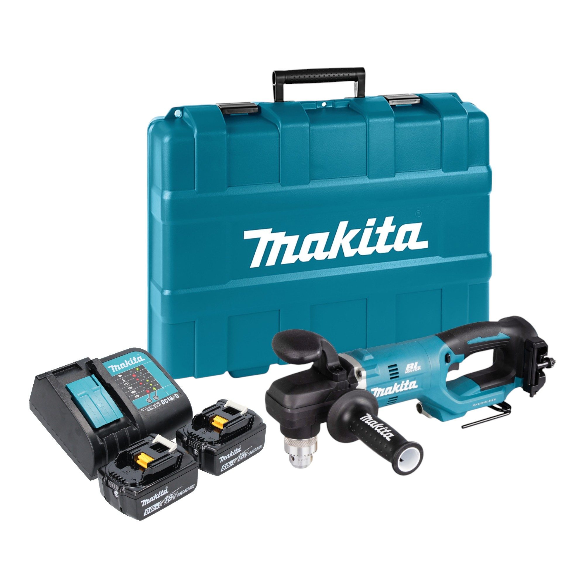 Makita Akku-Winkelbohrmaschine DDA 450 SGK 18 V 70 Nm Brushless + 2x Akku 6,0 Ah + Ladegerät + Koffer
