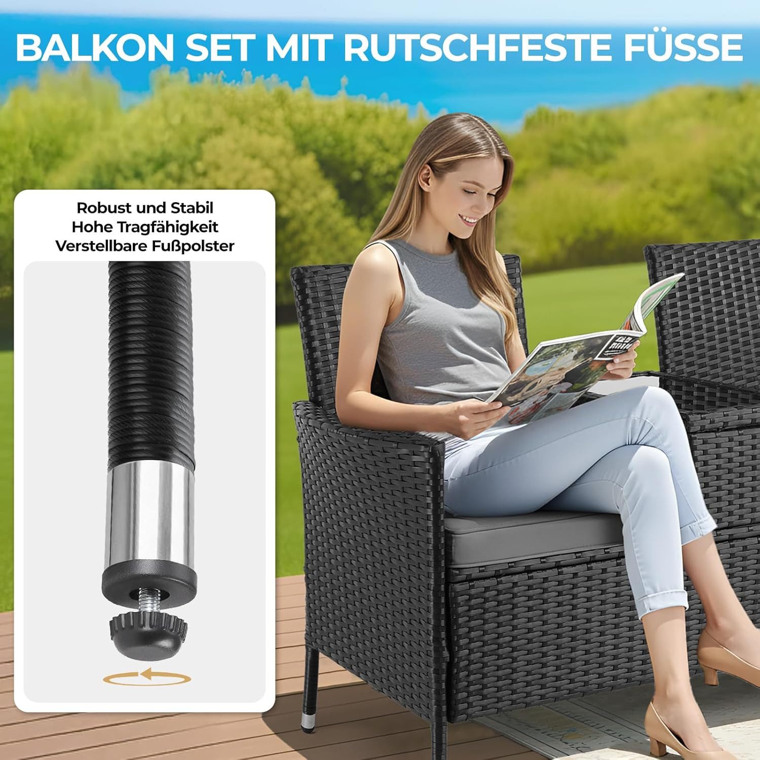 TLGREEN Balkonset Polyrattan Gartenbank 2er Set, (Wetterfest UV-beständig Rattan Sofa Outdoor, mit Tisch & Weichen Sitzkissen), Balkonmöbel für Kleinen Balkon/Terrasse/Garten