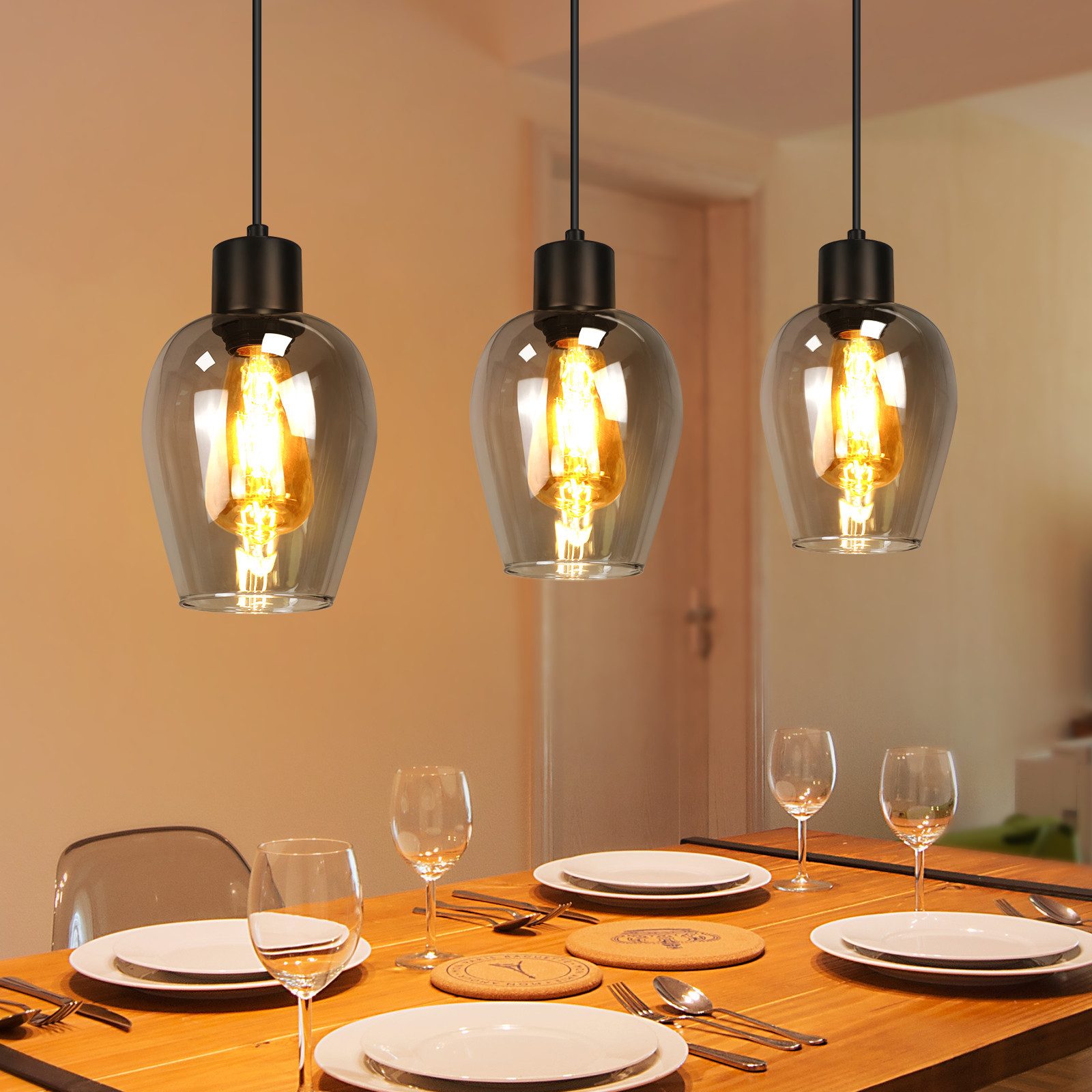 Nettlife Pendelleuchte Vintage Schwarz Hängelampe mit 1/3/4 Rauchglas-Schir günstig online kaufen