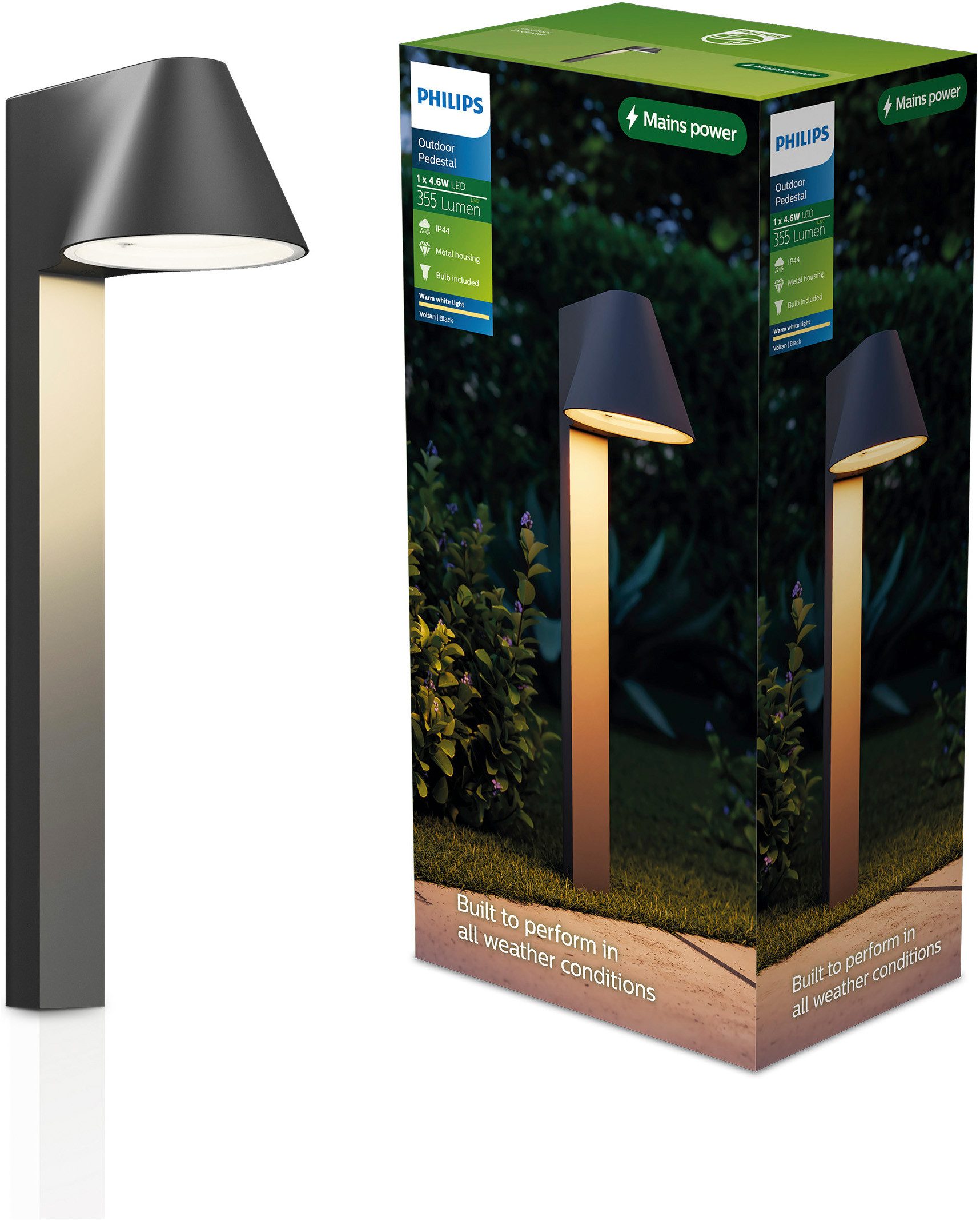 Philips Außen-Wandleuchte Voltan ultraeffiziente Wandleuchte für den Außenbereich, schwarz, Ein-/Ausschalter, LED fest integriert, Warmweiß, 4,3W, 2700 K Warmweiß, IP44, PowerShield-Beschichtung