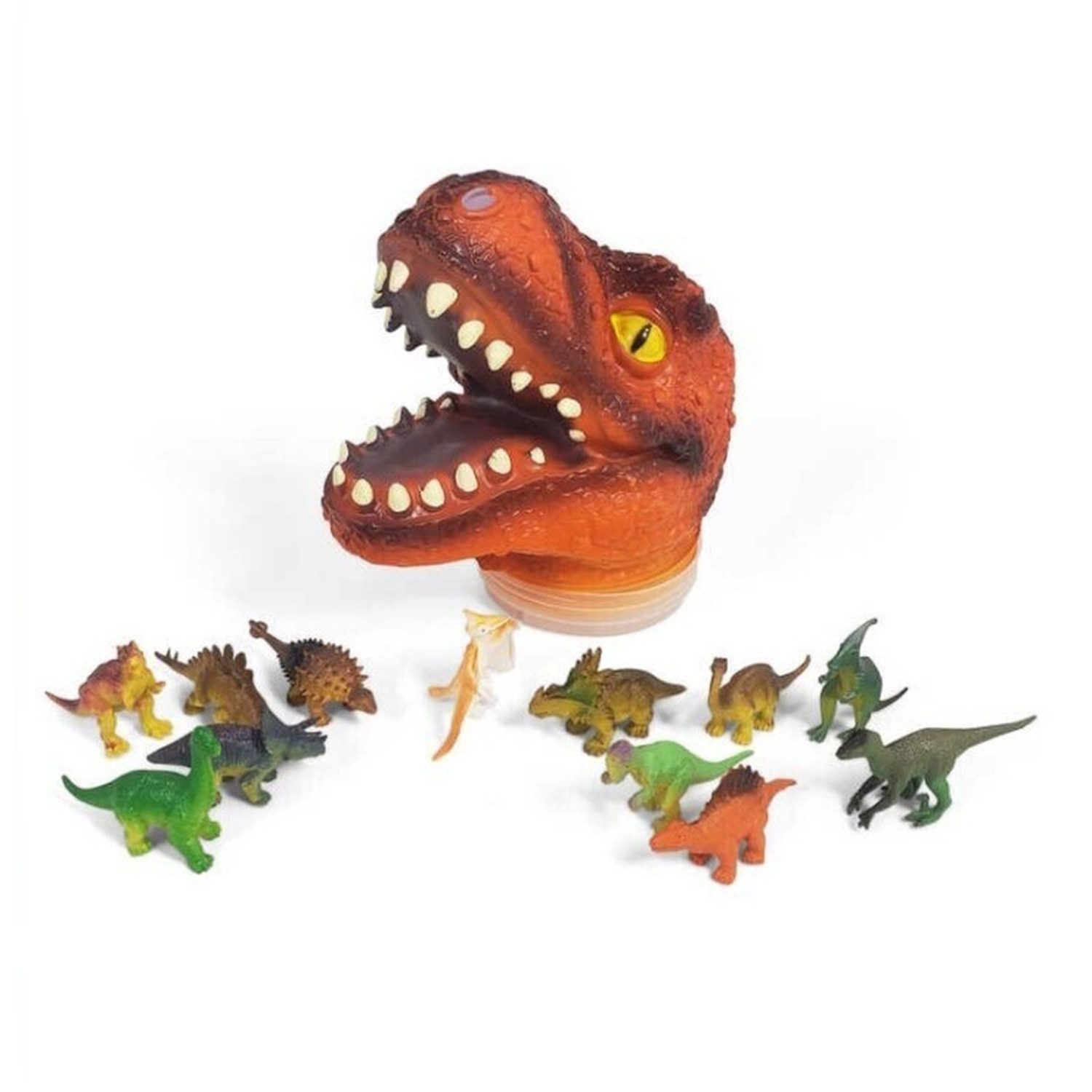 Spielfigur Dinosaurier Spielfiguren in einem T-Rex Kopf im 12er Set