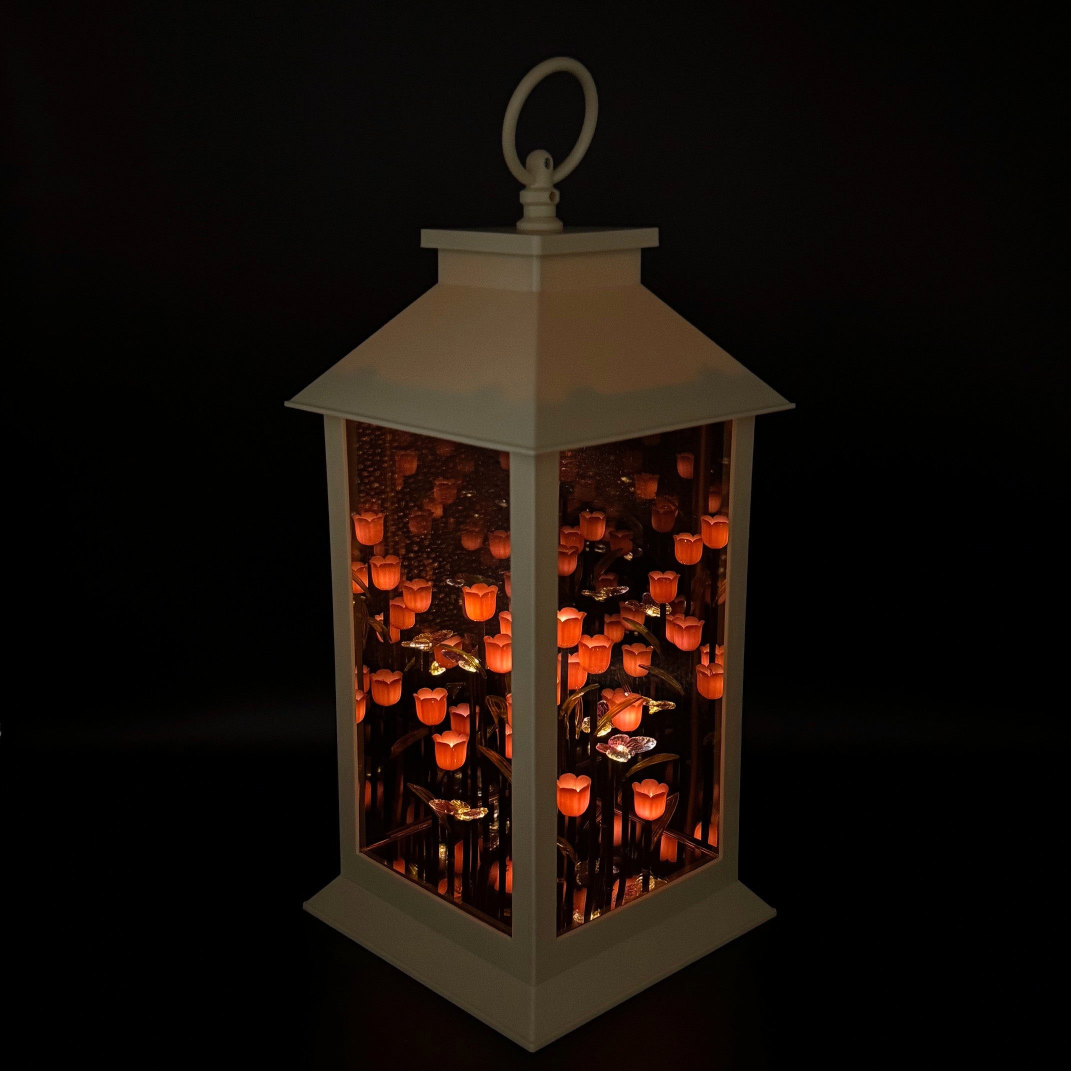 Online-Fuchs LED Laterne mit Tulpen und Schmetterlingen im Infinity-Look - Frühlingsdeko, 15 Tulpen und 4 Schmetterlinge, Warmweiß, 6 Stunden Timer