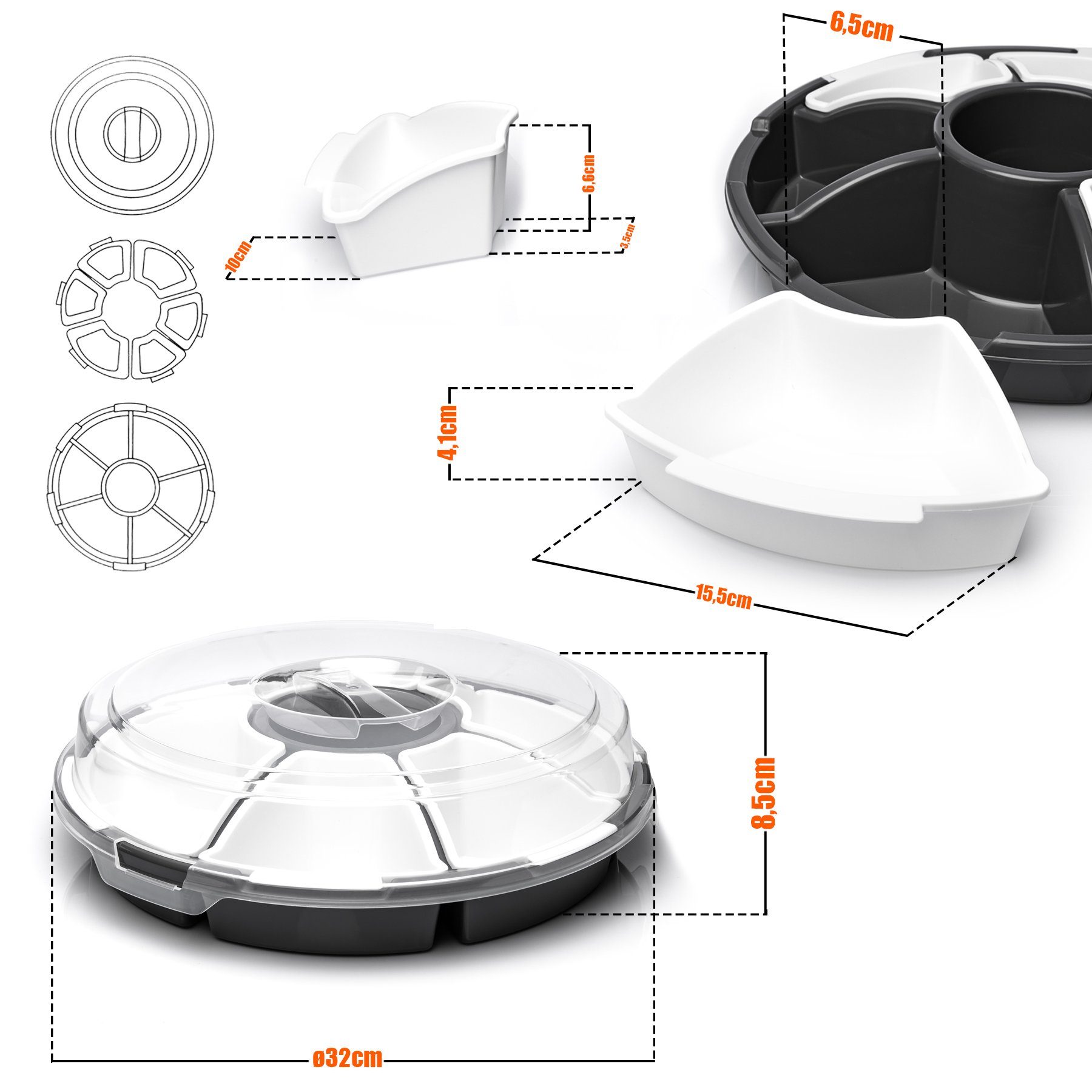 BigDean Servierschüssel 2x Snackschale Servierplatte Servierschalen Set mit Deckel Snackteller, Kunststoff, (Set, 8-tlg), Snacks, Dips, Vielseitig, Spaß für jede Party