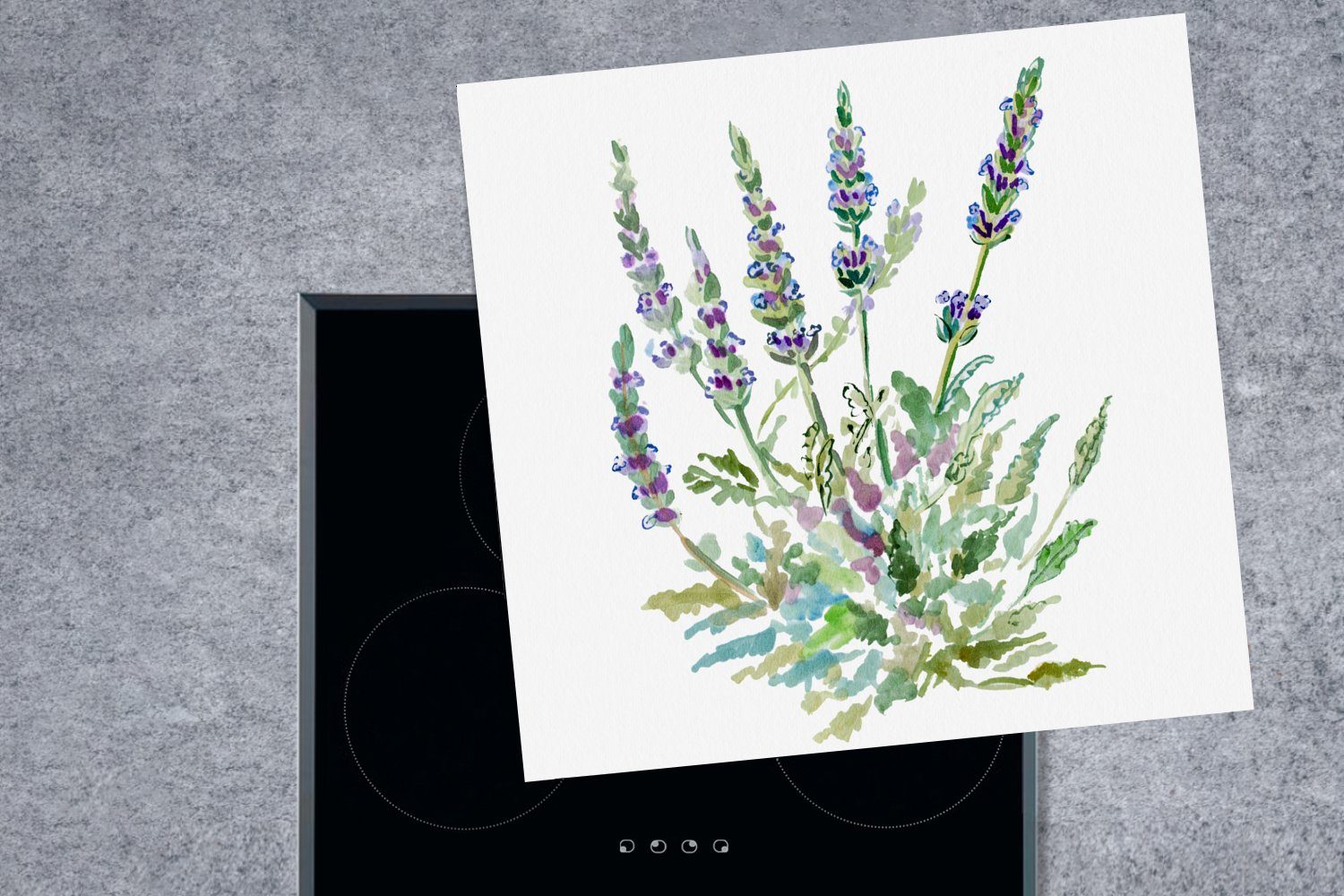 Blätter MuchoWow - für Lavendel Ceranfeldabdeckung, 78x78 küche - Details, cm, Vinyl, Herdblende-/Abdeckplatte tlg), (1 Aquarell - Arbeitsplatte