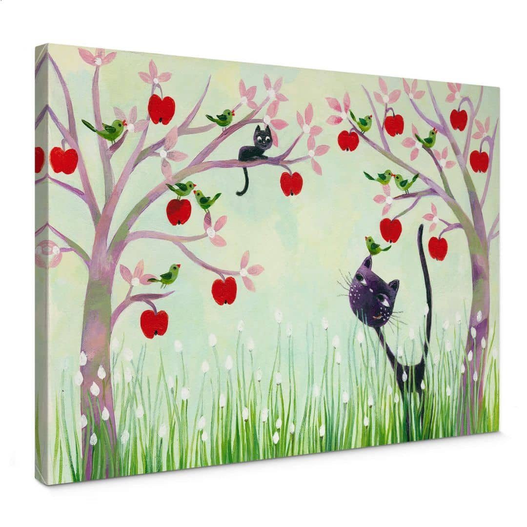 K&L Wall Art Leinwandbild Leinwandbild Kinderzimmer Märchen Blanz Baby Katze Apfelbaum, Wanddeko Holz Bilderrahmen