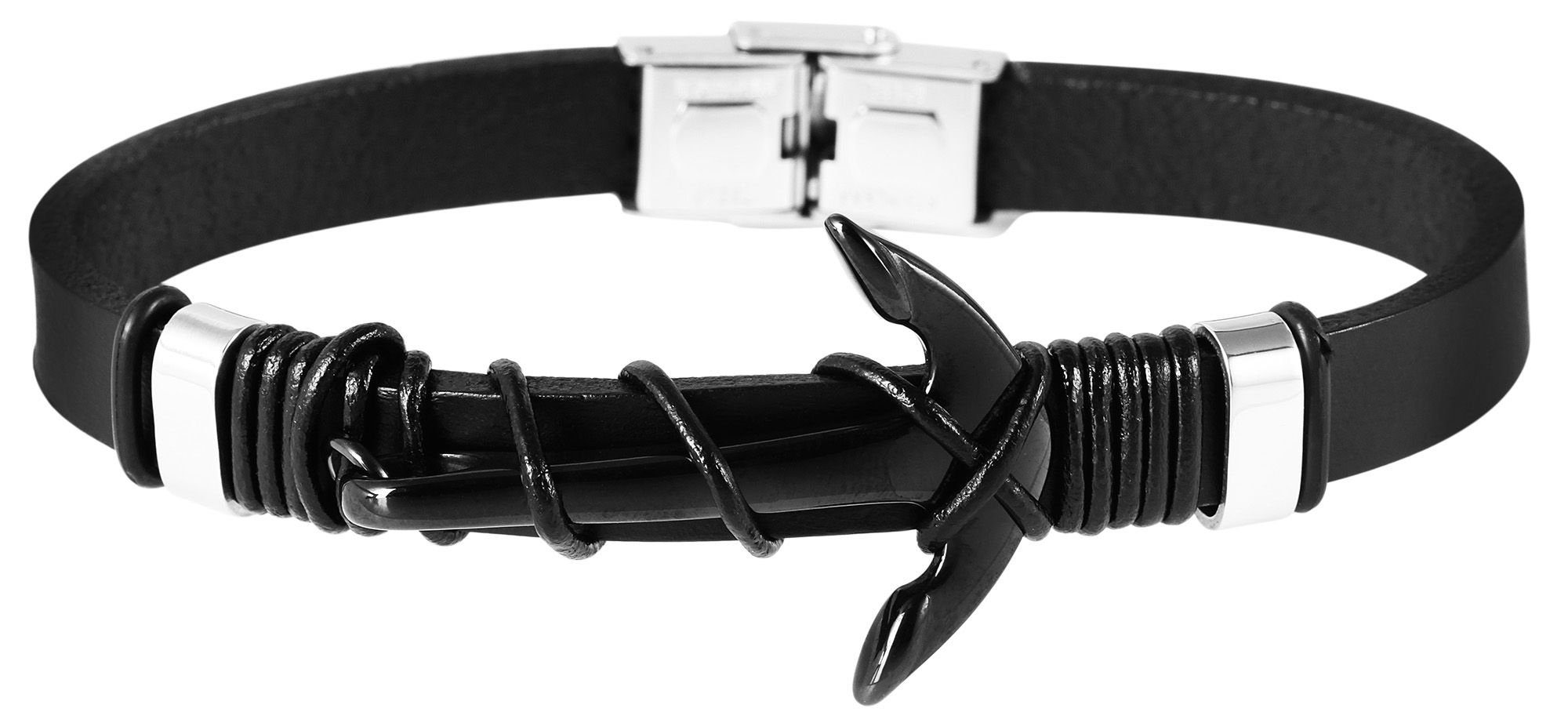 AKZENT Lederarmband Finjan Armband aus mit (einzeln) Schwarz Edelstahlelement Anker Echtleder