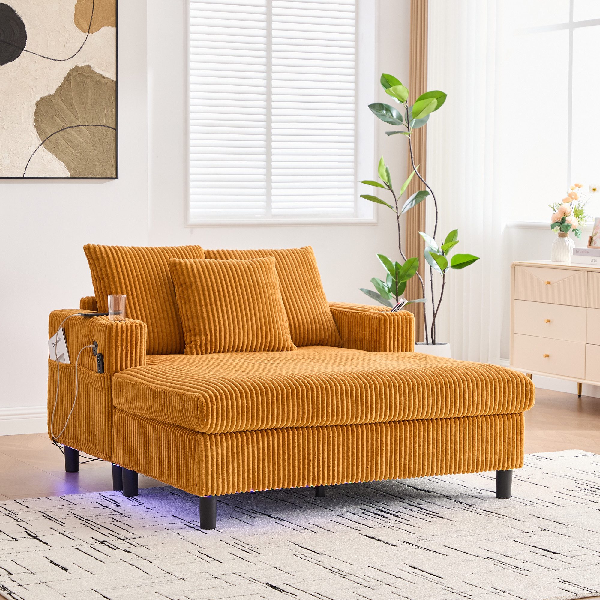 MODFU Loungesofa mit USB-Anschluss & Getränkehalter, ergonomisch, Übergroßer LED-Chaiselongue-Sessel,Polsterstuhl