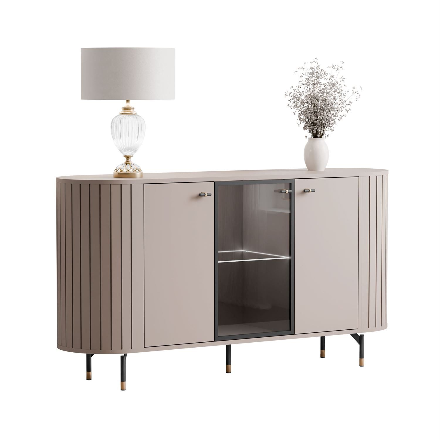 yourhouse24 Kommode LINNEA 150cm 3D LED & Glas Runde Ecken Kaschmir/Schwarz