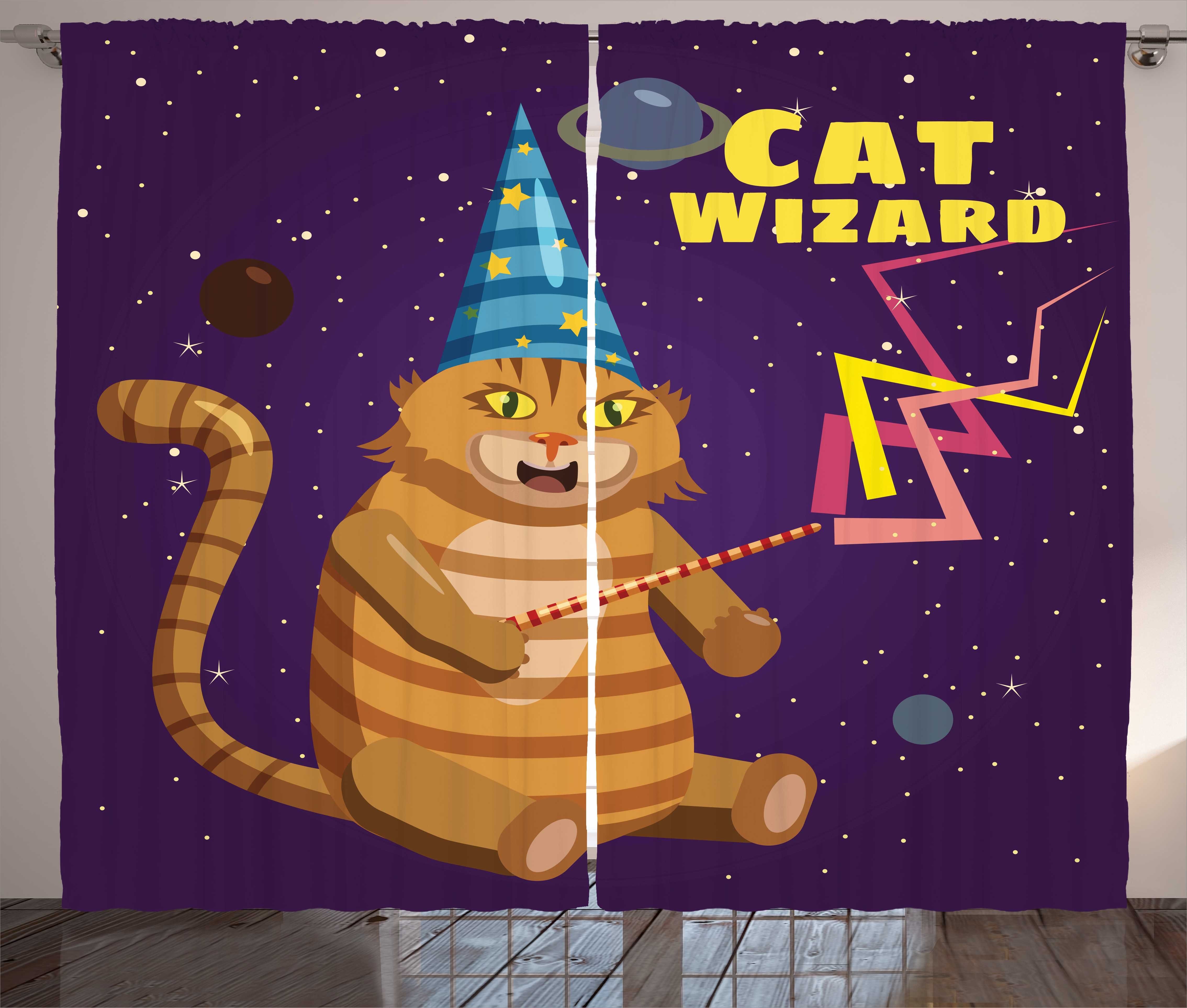 Gardine Schlafzimmer Kräuselband Vorhang mit Schlaufen und Haken, Abakuhaus, Humorvoll Katzen-Wizard-lustige Karikatur