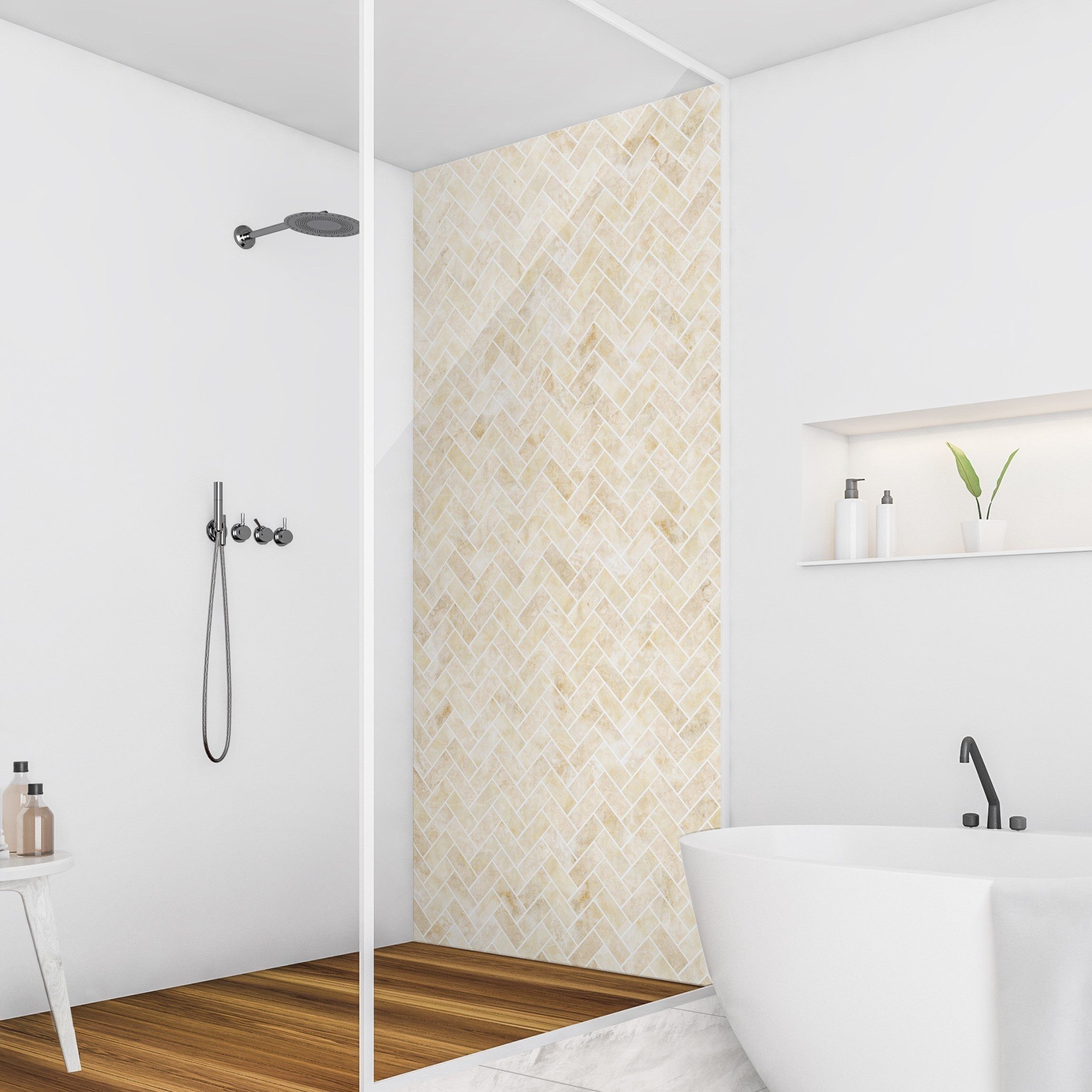Bilderdepot24 Duschrückwand Marmor Fliesenoptik gelb Badrückwand ohne Bohren Dusche, (1-tlg., 0,61 mm starke Folie selbstklebend Wandpaneele Dusche versch. Größen), fugenlose & wasserfeste Motiv Rückwand Wandverkleidung für Duschkabine