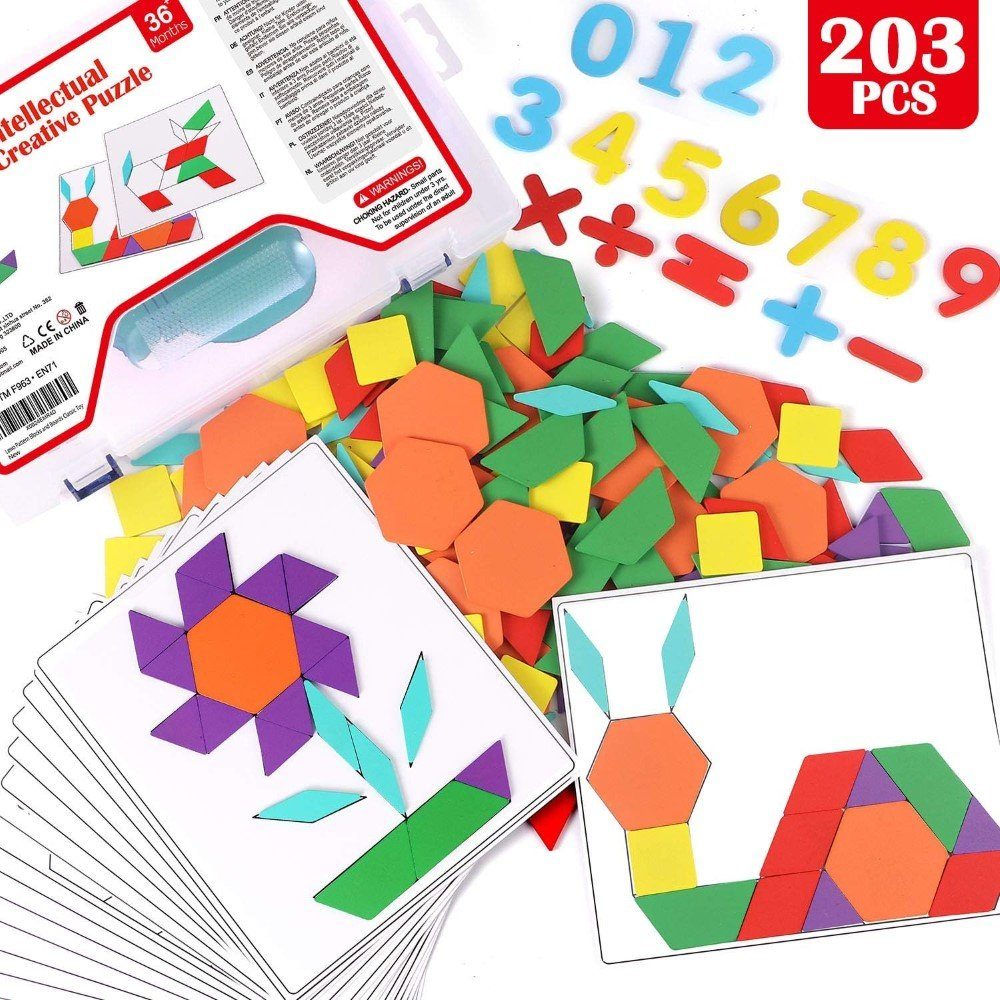 Lernspielzeug Lewo Holzpuzzle Tangram mit 203 Teilen und 15 Musterkarten (203-St), 170 Holzblöcke, Montessori Spielzeug