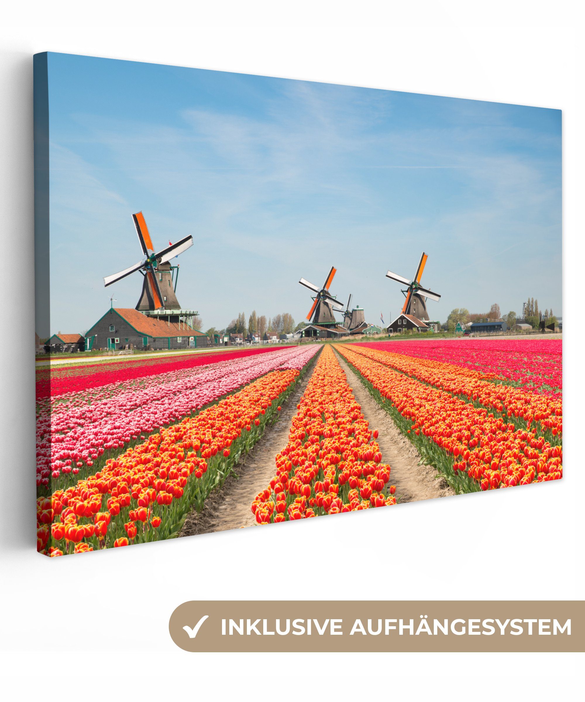 OneMillionCanvasses® Leinwandbild Tulpen - Windmühle - Niederlande, (1 St), Wandbild Leinwandbilder, Aufhängefertig, Wanddeko, 30x20 cm