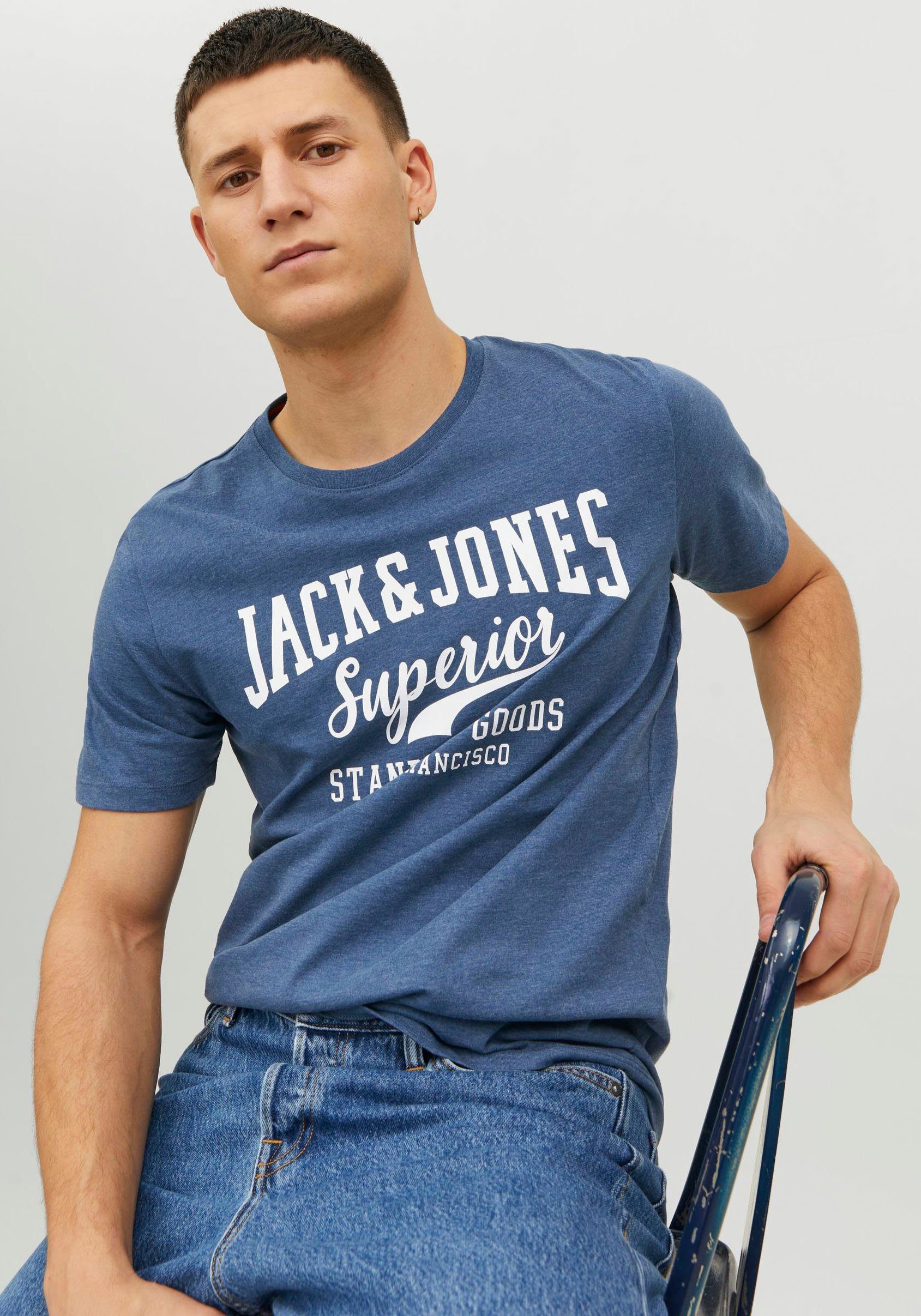 Jones Ensign O-NECK Blue Jack TEE SS COL JJELOGO AW23 SN 1 MEL & Print-Shirt