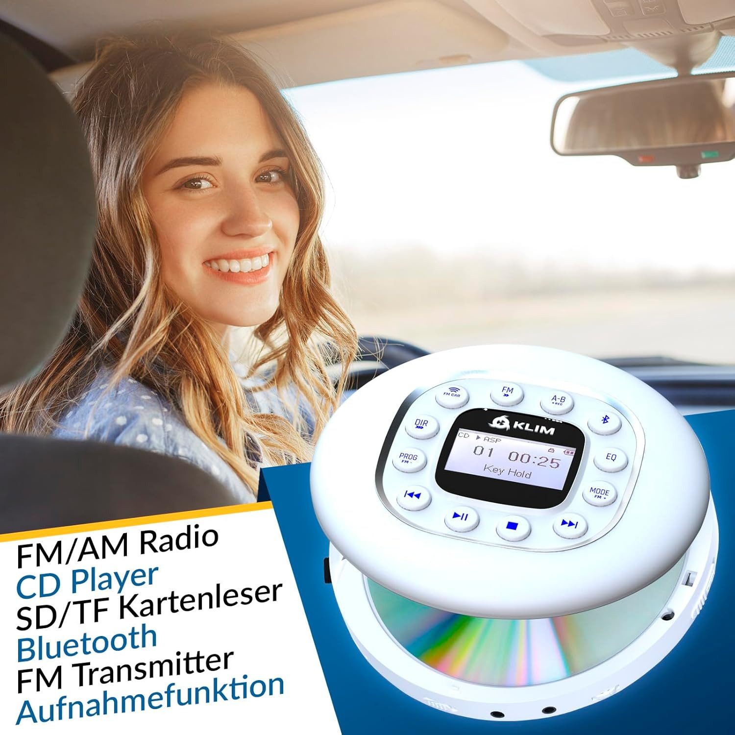 KLIM KLIM Journey Stereo-CD Player (mit Kopfhörern, FM Radio, MP3-CD-Player, FM-Transmitter, Bluetooth)