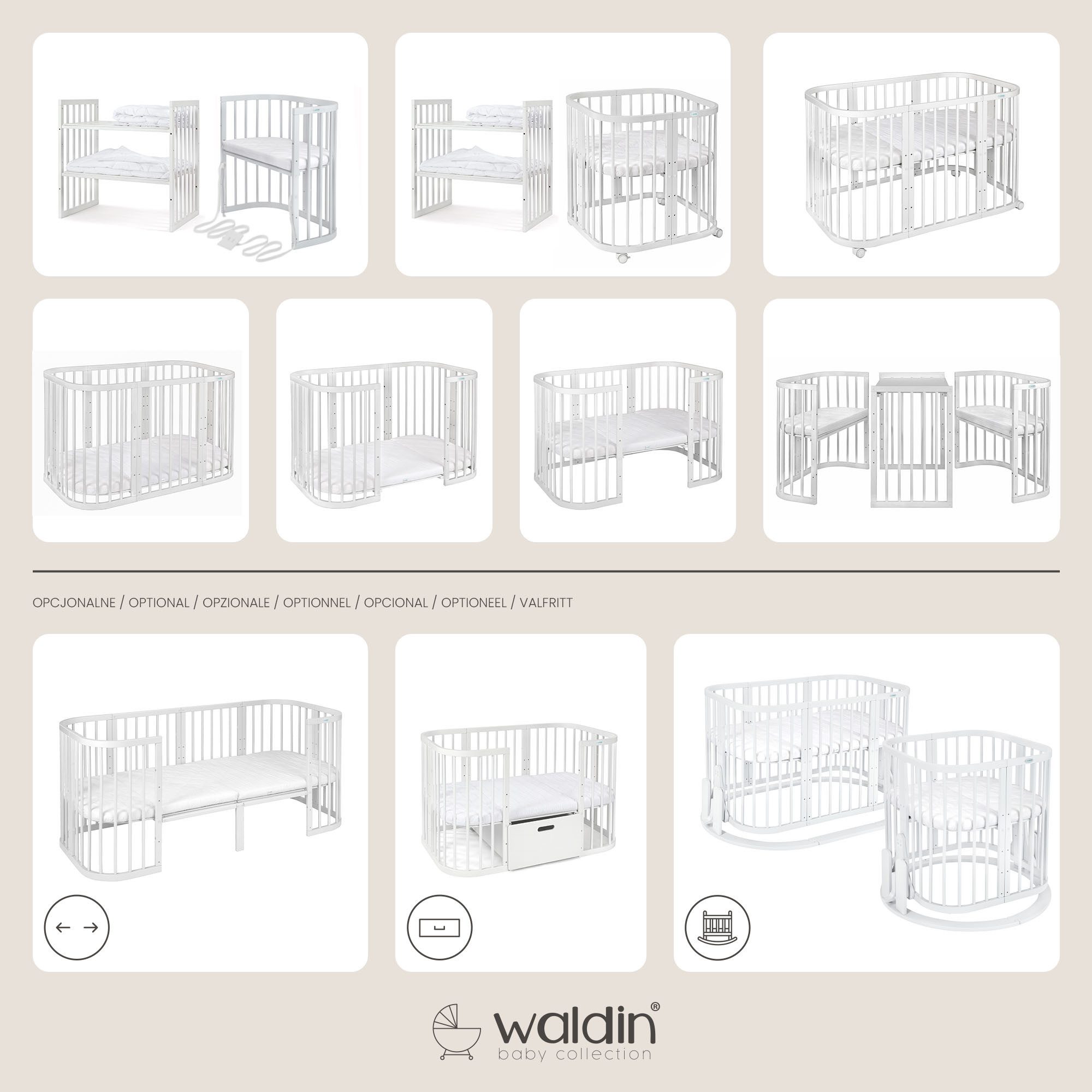Waldin Babybett Mobiles Babybett aus Holz 7in1 mit Matratze, mitwachsend