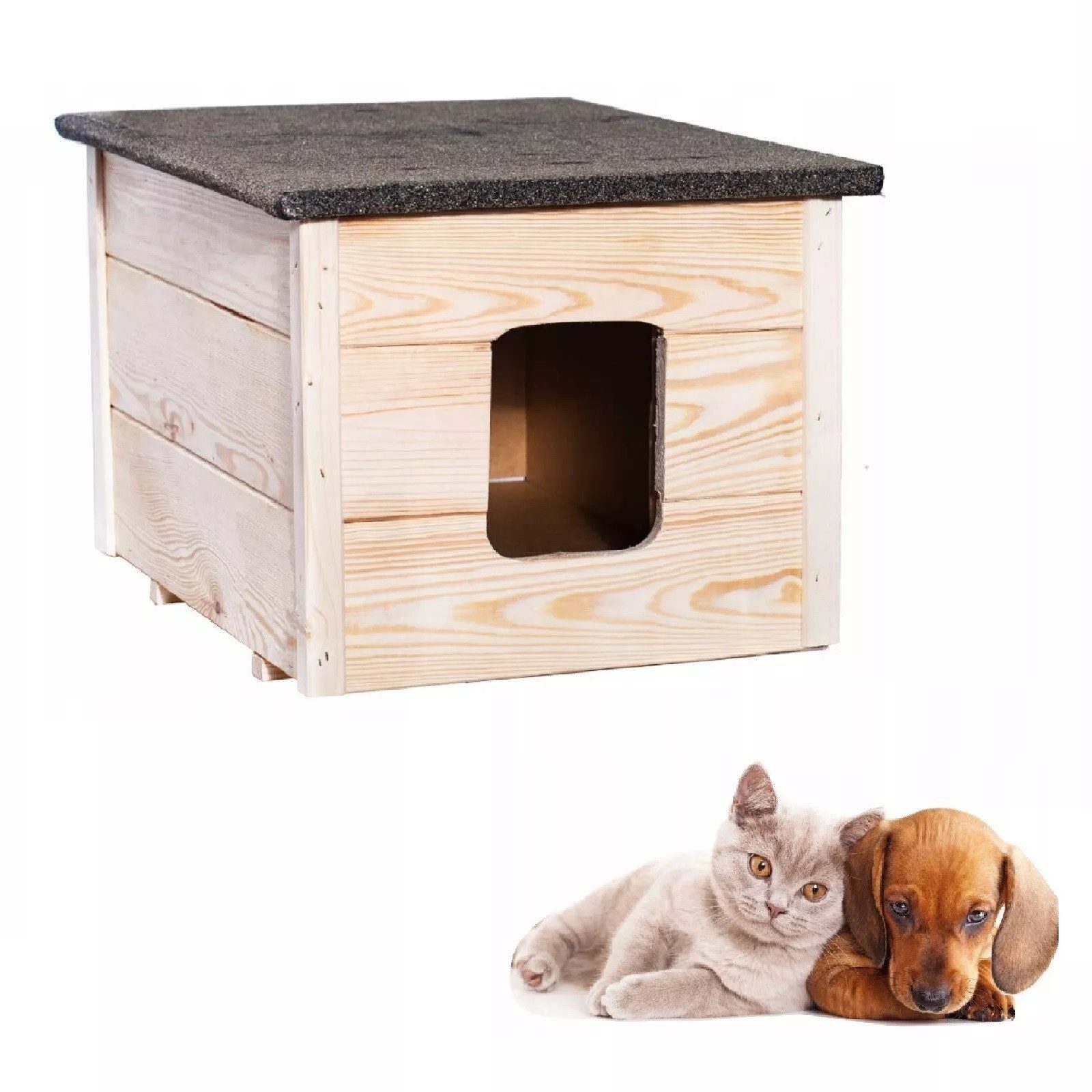 QLS Tierhaus Katzenhaus 54x40 cm, aus Holz Isoliert Outdoor Winterfest Montiert