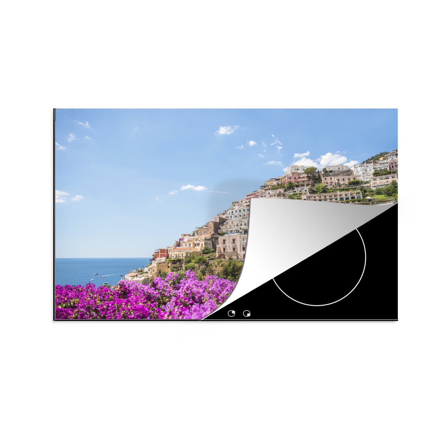 MuchoWow Herdblende-/Abdeckplatte Blick auf die Amalfiküste mit Blumen, Vinyl, (1 tlg), 81x52 cm, Induktionskochfeld Schutz für die küche, Ceranfeldabdeckung