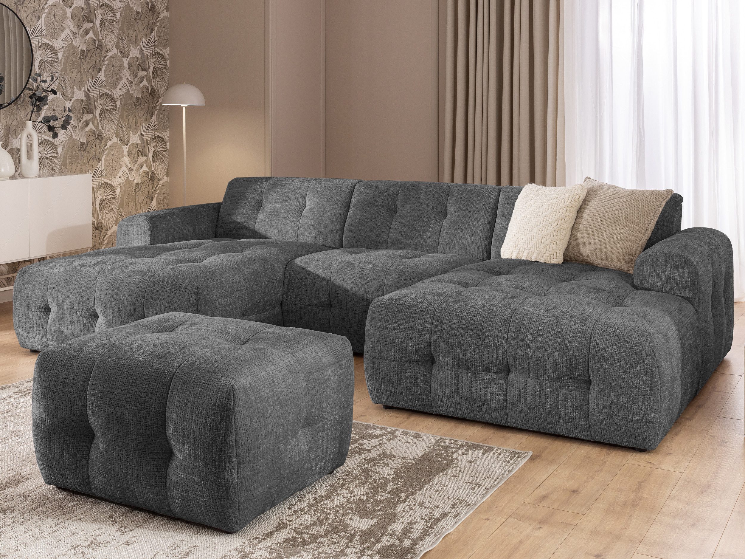 S-Style Möbel Wohnlandschaft und Hocker Kozy Bumpy-Design mit Schlaffunktion & fester Rückenlehne, aus weichem Chenille-Stoff, mit Wellenfederung