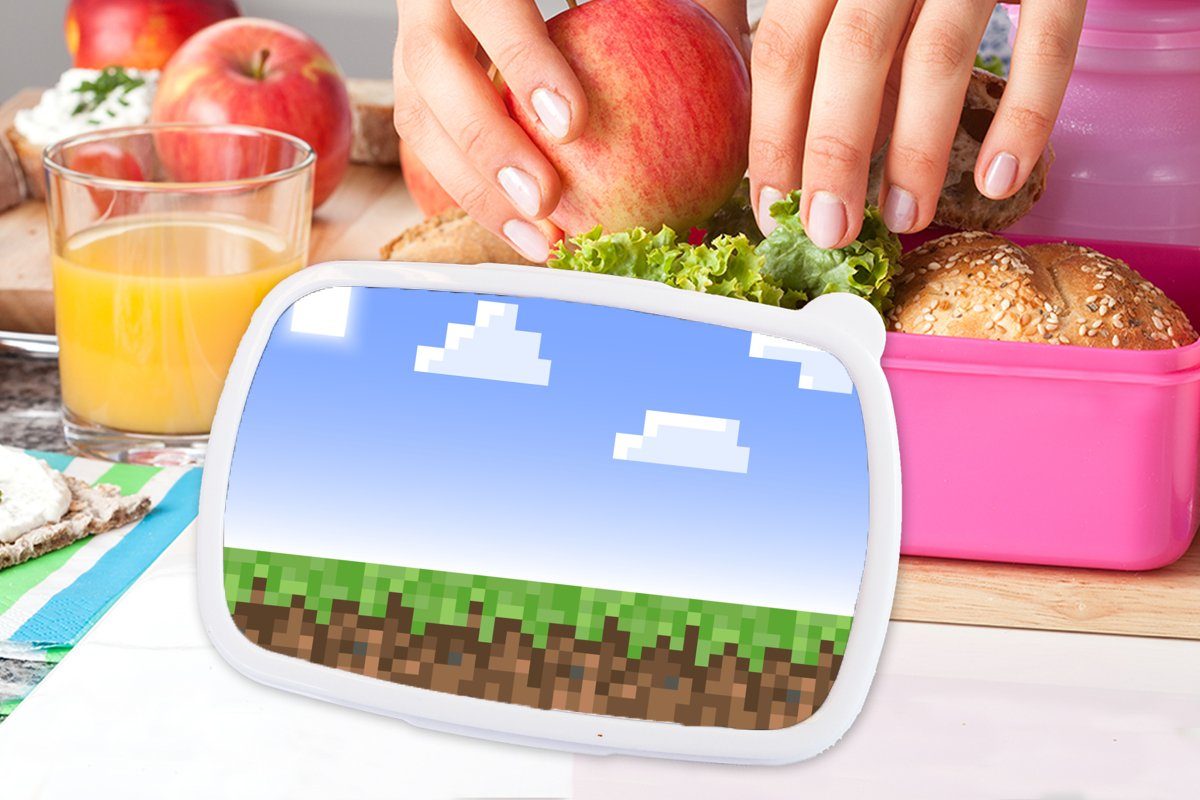 Spiele Brotdose Lunchbox Brotbox Kinder, Pixel (2-tlg), Gras, - Erwachsene, MuchoWow - rosa für Kunststoff, - Spiele Kunststoff Snackbox, Mädchen,