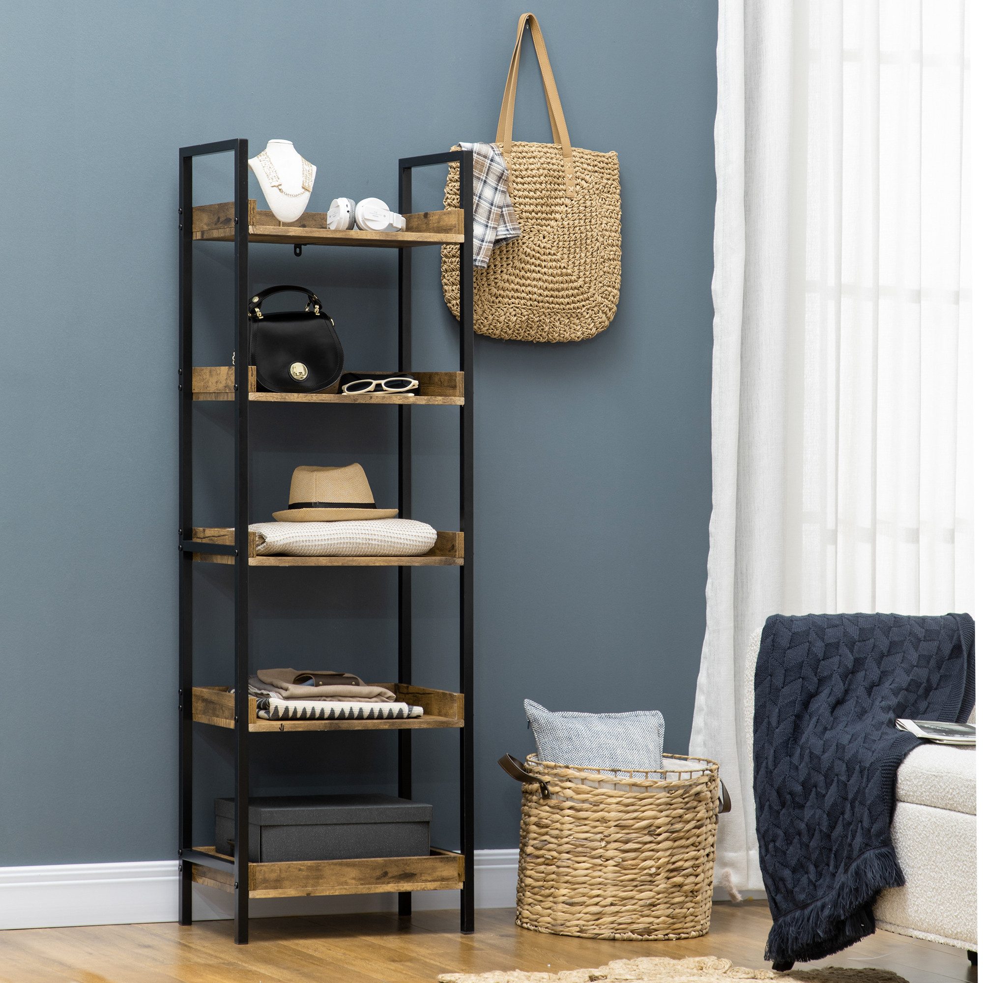 MC Star Bücherregal Industrielles Bücherregal mit 5 Ebenen aus Holz und Metall, 48 x 30 x 155 cm, rustikales Braun