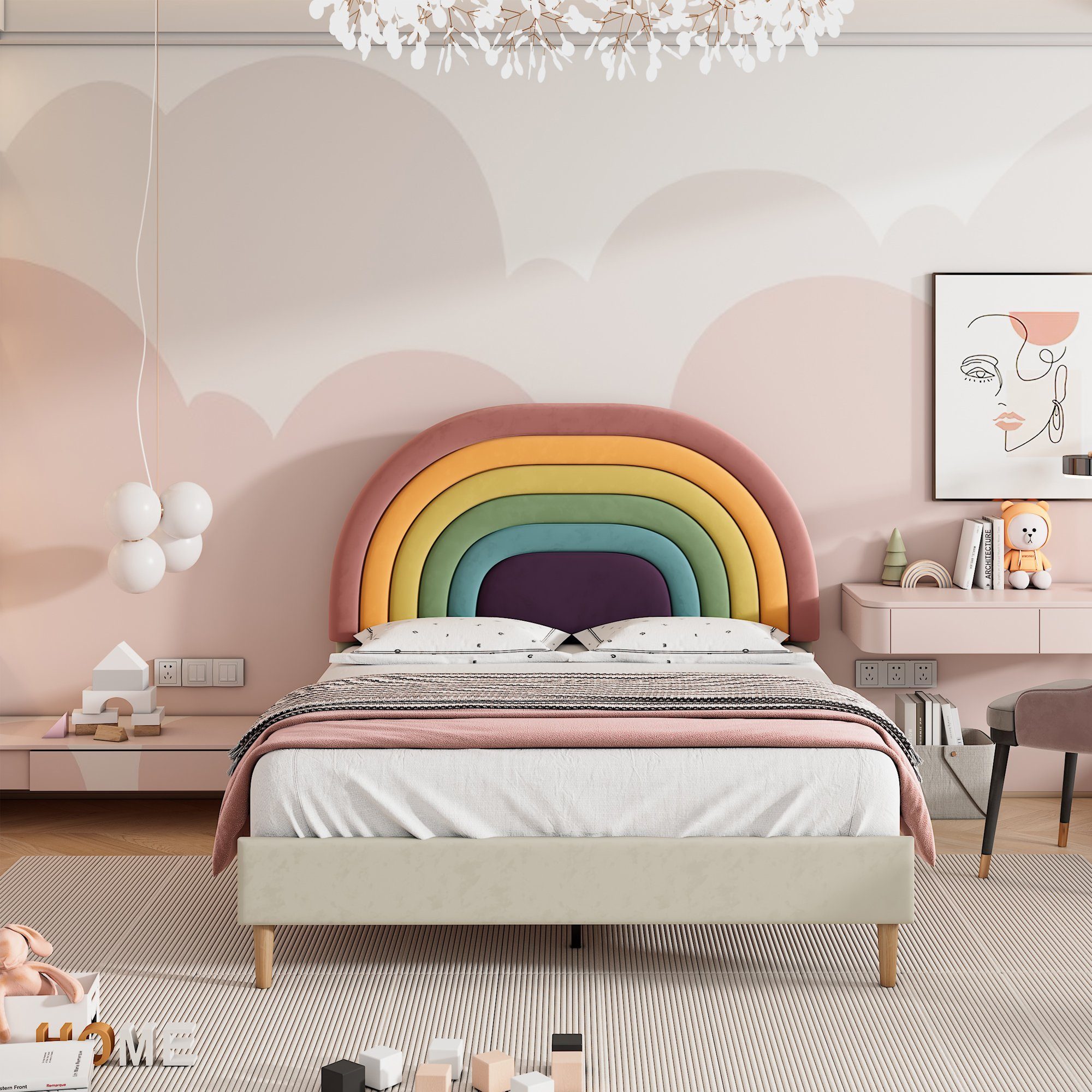 Polsterbett (Jugendbett mit Lattenrost), Kinderbett mit verstellbarem Regenbogen-Kopfteil, 140x200 cm, Samt